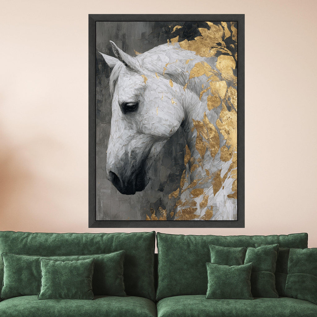 Majestic White Horse, Gold Leaf Canvas, Framed Wall Art, Elegant Animal Print, Modern Home Decor