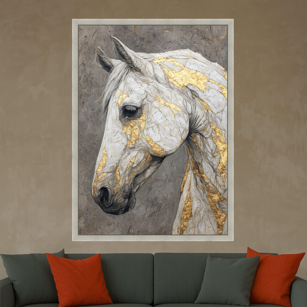 Elegant White Horse Canvas, Gold Accent Wall Art, Animal Portrait Print, Modern Home Decor, Framed Canvas Art