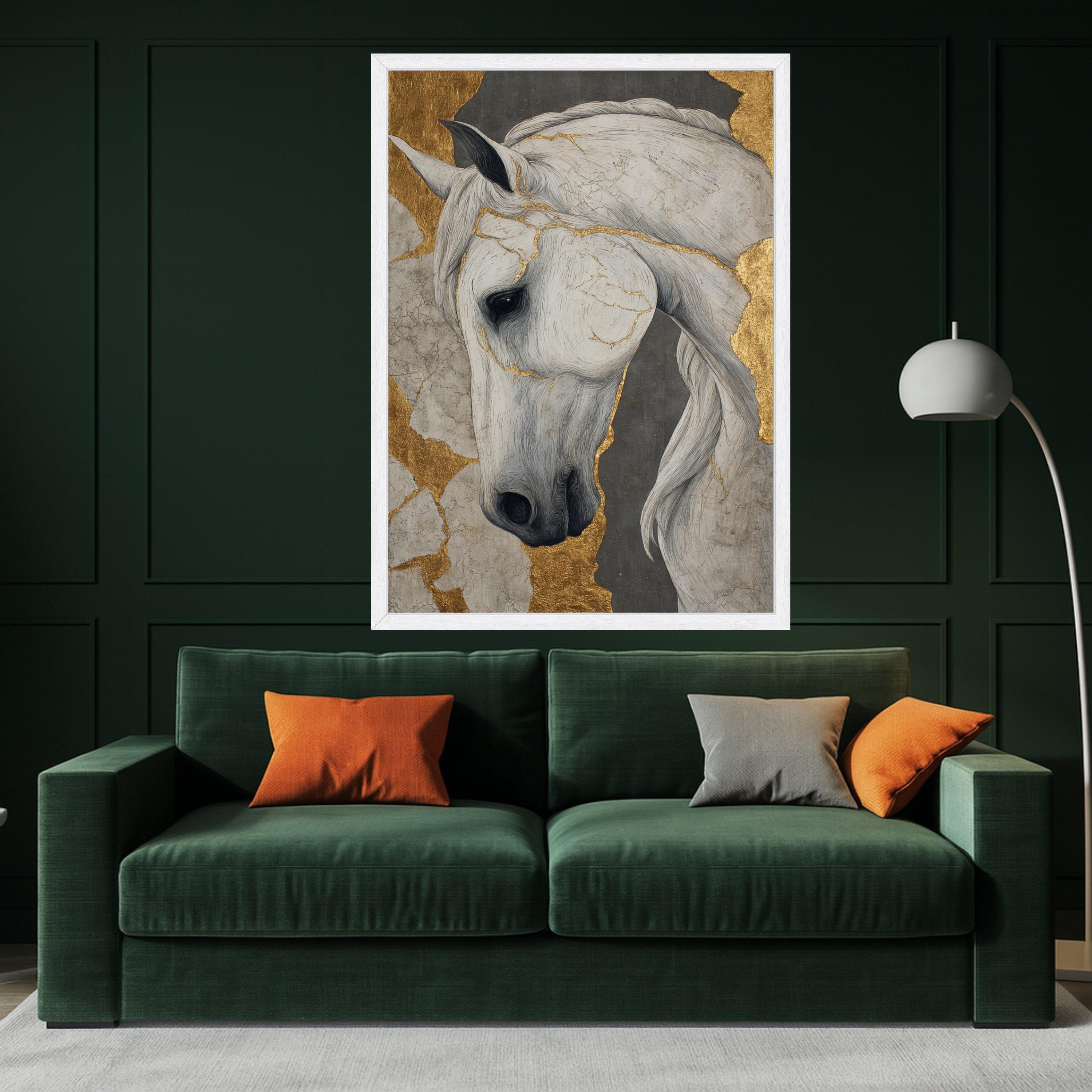 Elegant White Horse Canvas, Gold Leaf Accent, Animal Wall Art, Modern Home Decor, Framed Print Design