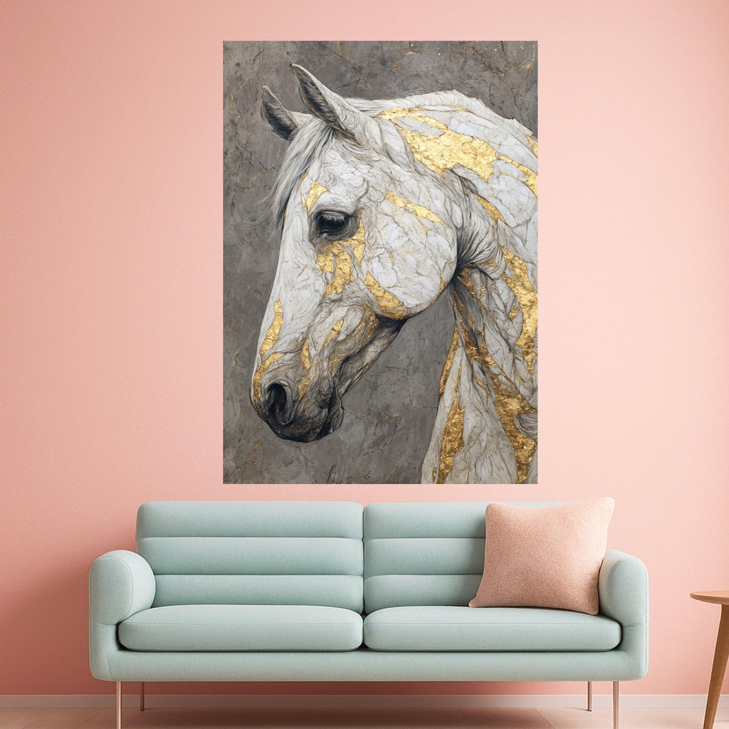 Elegant White Horse Canvas, Gold Accent Wall Art, Animal Portrait Print, Modern Home Decor, Framed Canvas Art