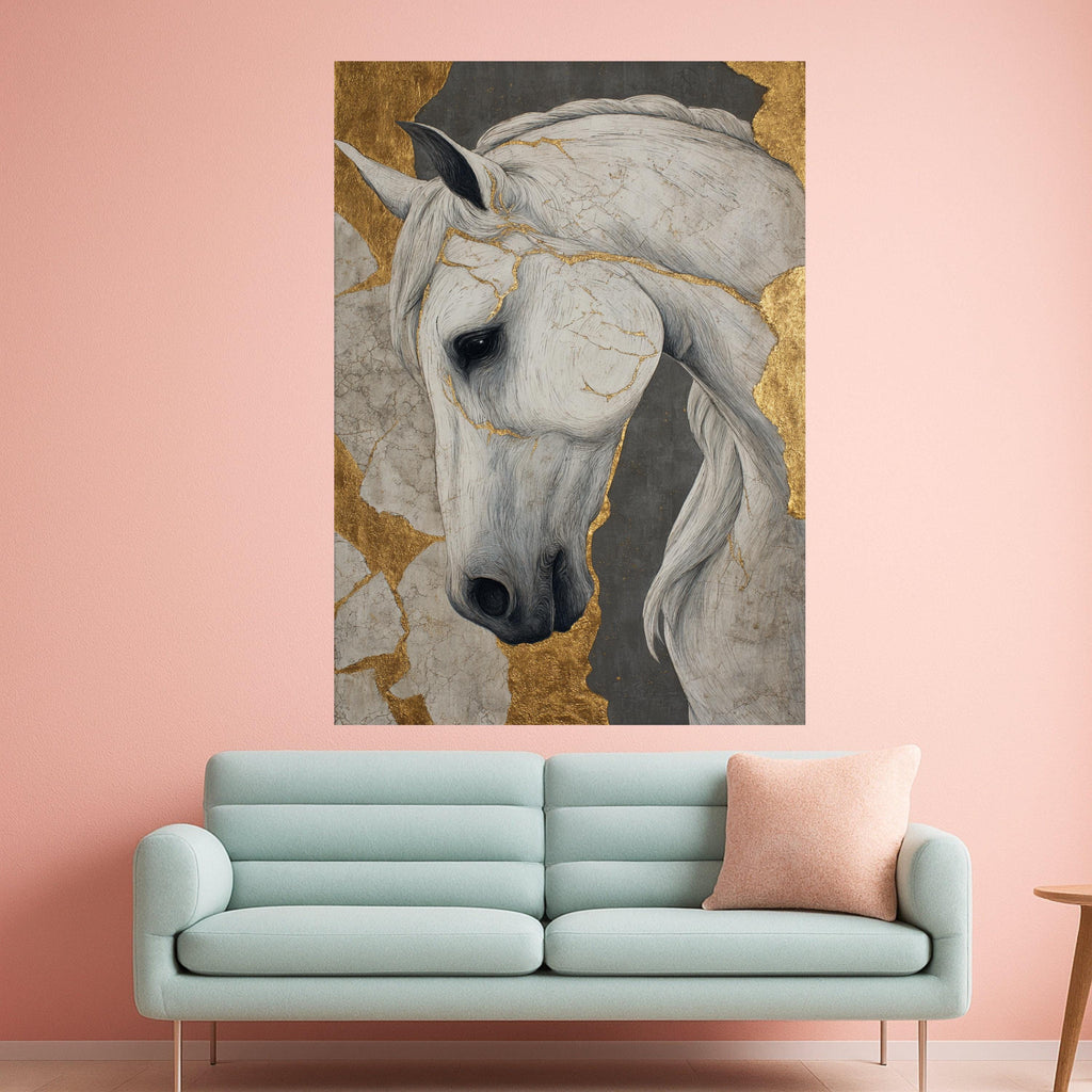 Elegant White Horse Canvas, Gold Leaf Accent, Animal Wall Art, Modern Home Decor, Framed Print Design