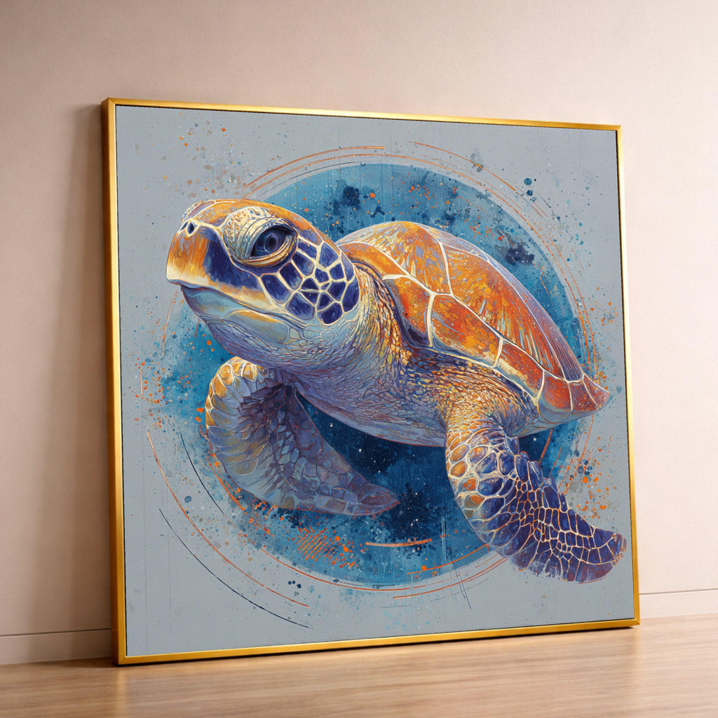 Vibrant Sea Turtle Canvas, Ocean Animal Art, Colorful Marine Wall Decor, Framed Nature Print