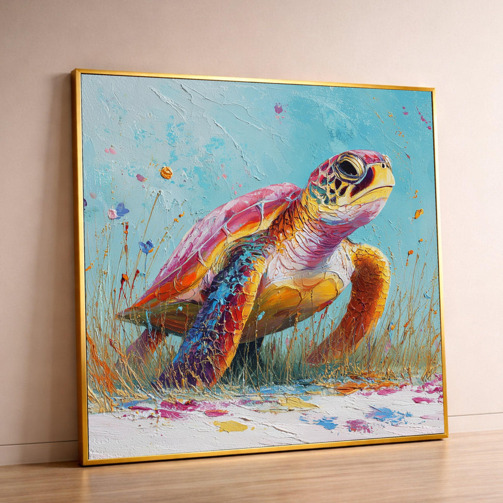 Vibrant Sea Turtle Canvas, Colorful Marine Life Art, Coastal Wall Decor, Ocean Animal Print, Framed Canvas Wall Art