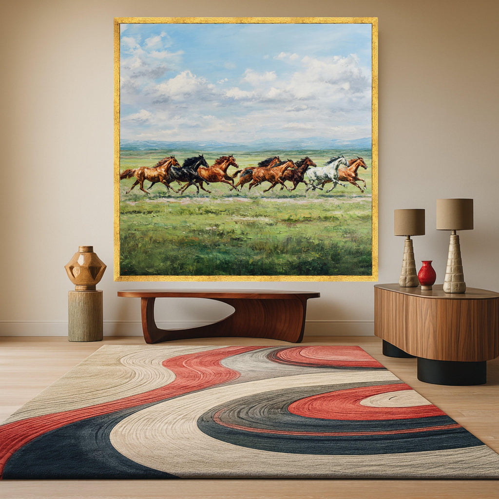 Galloping Horses Canvas, Wild Horse Print, Nature Landscape Art, Running Horse Wall Decor, Green Meadow Canvas