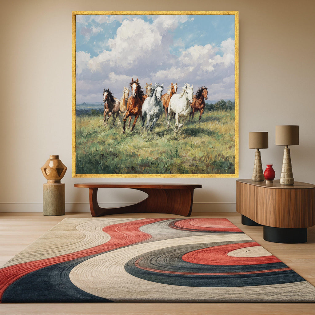 Running Horses Canvas, Nature Scene Wall Art, Framed Country Print, Pastoral Landscape Decor