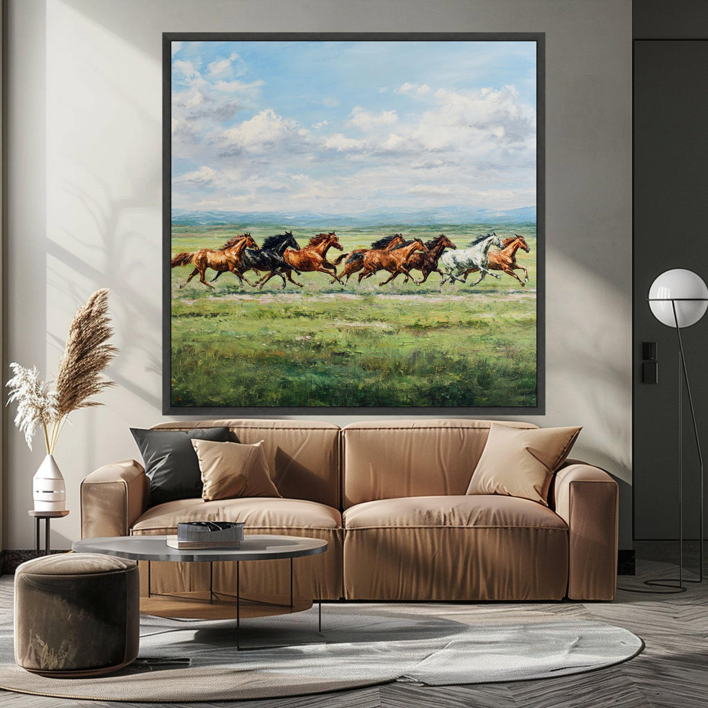 Galloping Horses Canvas, Wild Horse Print, Nature Landscape Art, Running Horse Wall Decor, Green Meadow Canvas