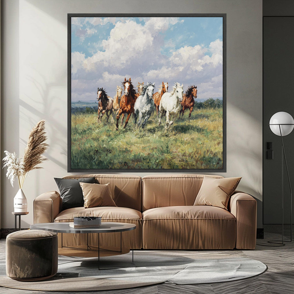 Running Horses Canvas, Nature Scene Wall Art, Framed Country Print, Pastoral Landscape Decor