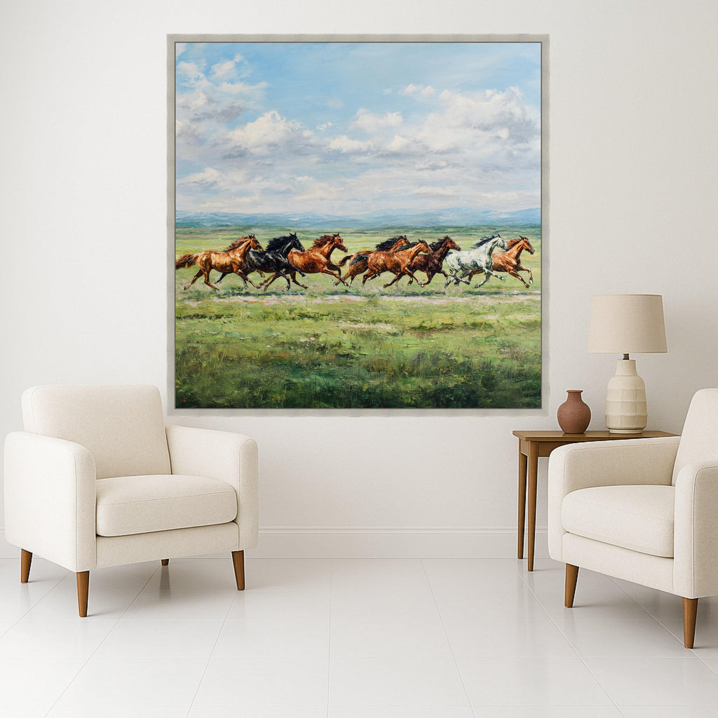 Galloping Horses Canvas, Wild Horse Print, Nature Landscape Art, Running Horse Wall Decor, Green Meadow Canvas