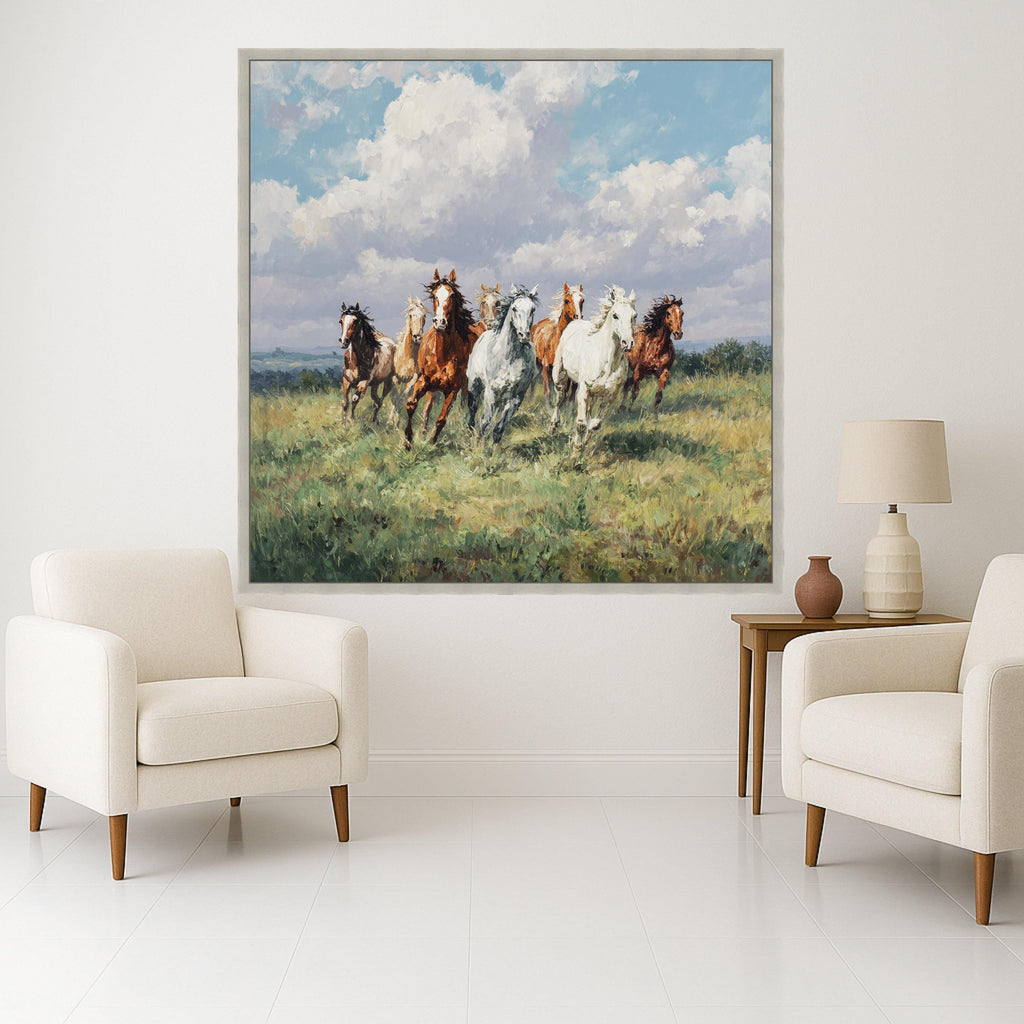 Running Horses Canvas, Nature Scene Wall Art, Framed Country Print, Pastoral Landscape Decor