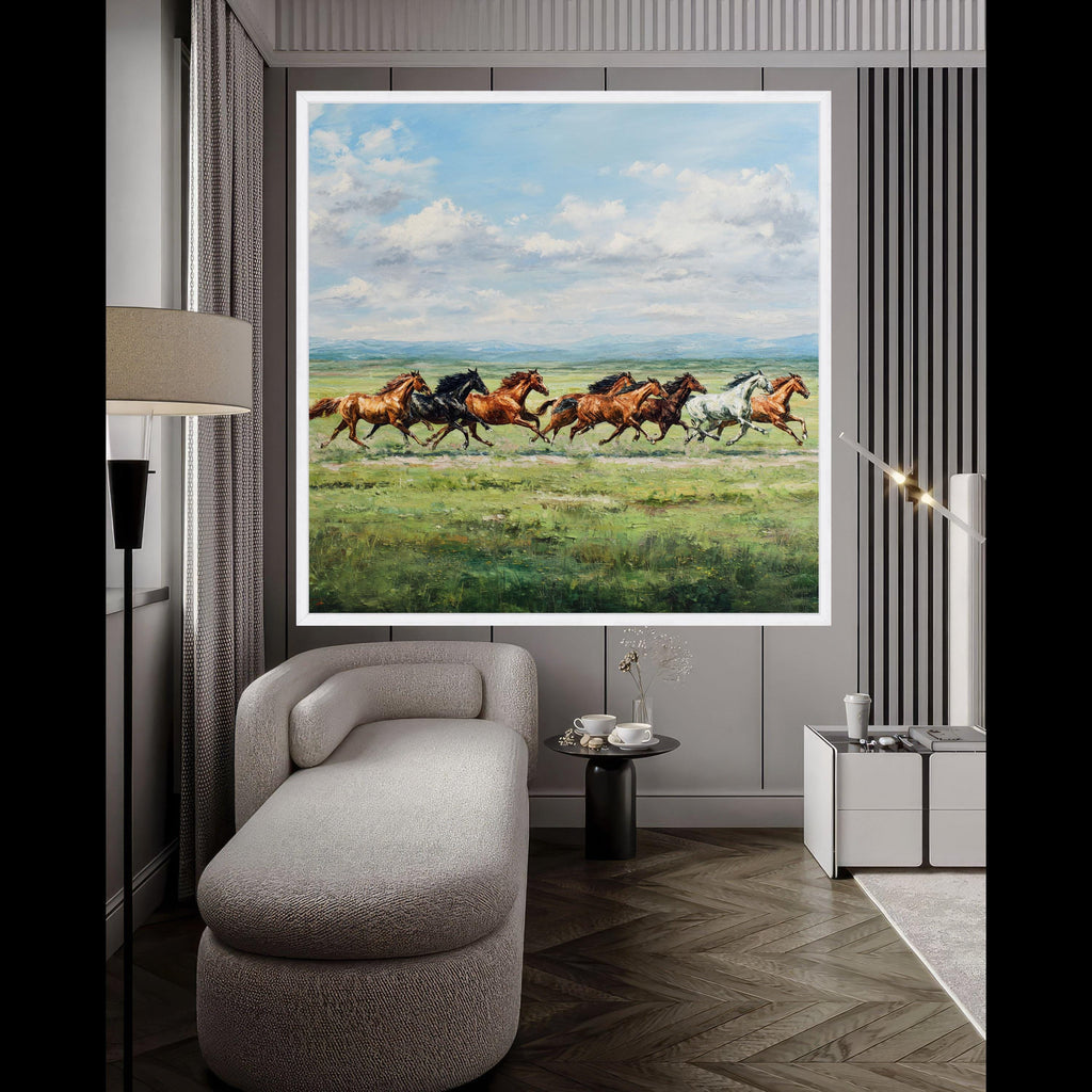 Galloping Horses Canvas, Wild Horse Print, Nature Landscape Art, Running Horse Wall Decor, Green Meadow Canvas