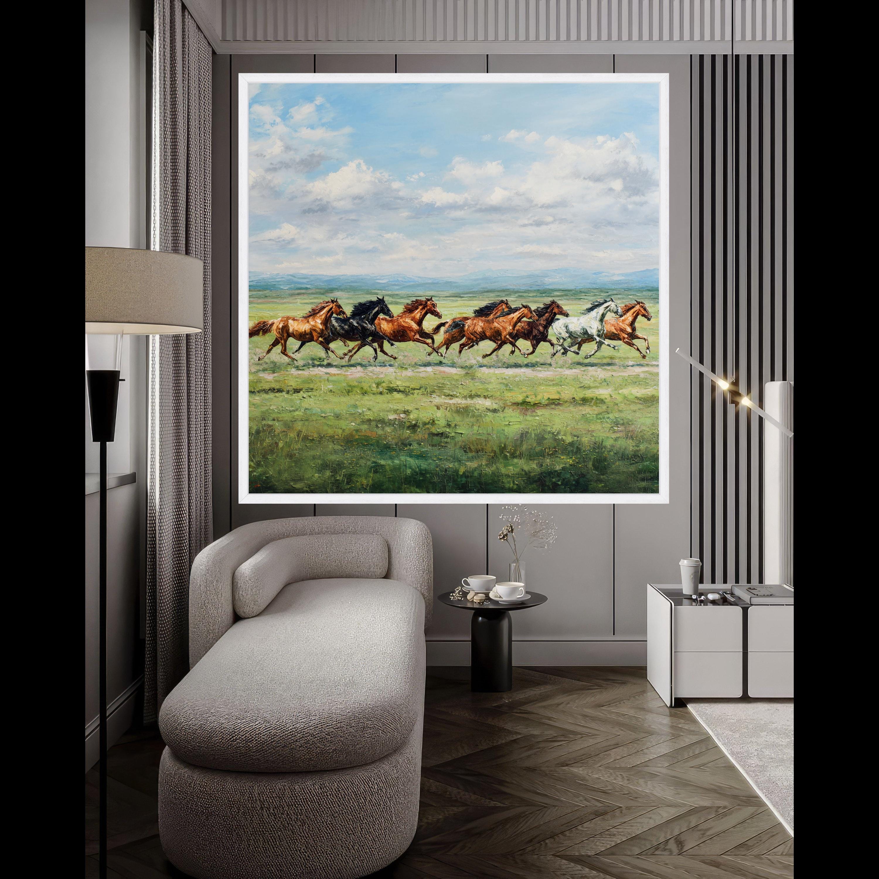 Galloping Horses Canvas, Wild Horse Print, Nature Landscape Art, Running Horse Wall Decor, Green Meadow Canvas