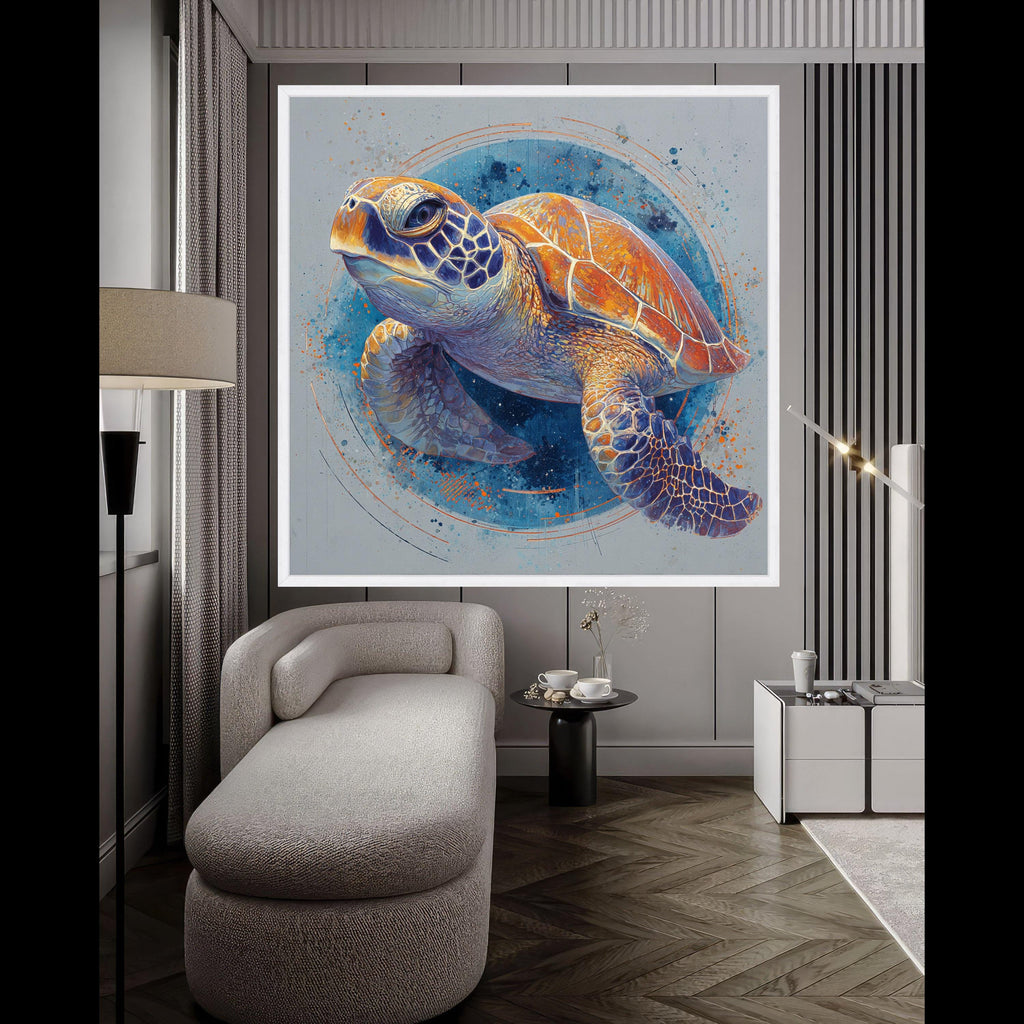 Vibrant Sea Turtle Canvas, Ocean Animal Art, Colorful Marine Wall Decor, Framed Nature Print