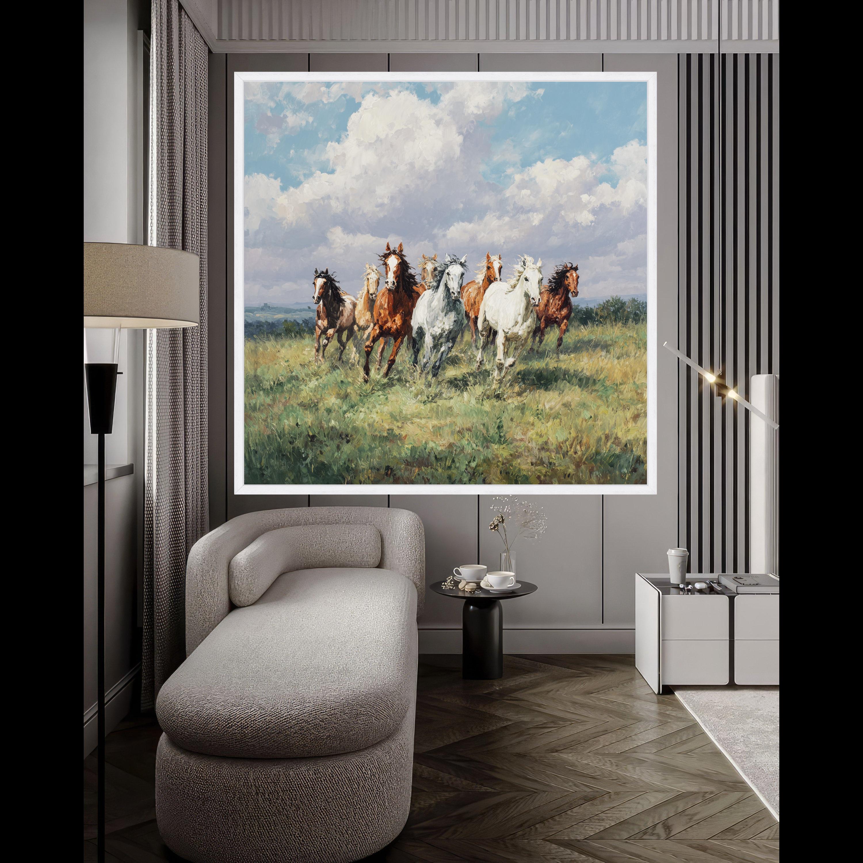 Running Horses Canvas, Nature Scene Wall Art, Framed Country Print, Pastoral Landscape Decor