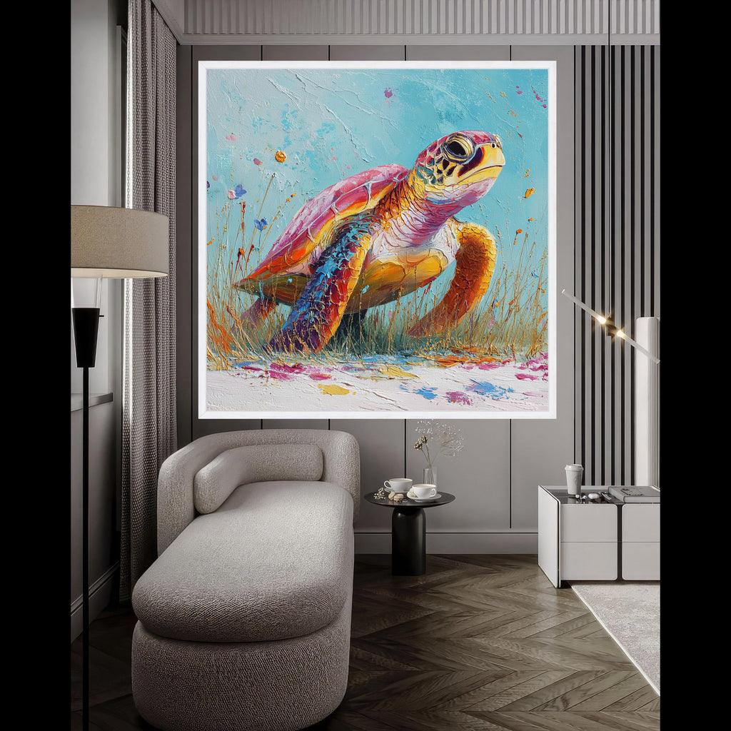 Vibrant Sea Turtle Canvas, Colorful Marine Life Art, Coastal Wall Decor, Ocean Animal Print, Framed Canvas Wall Art