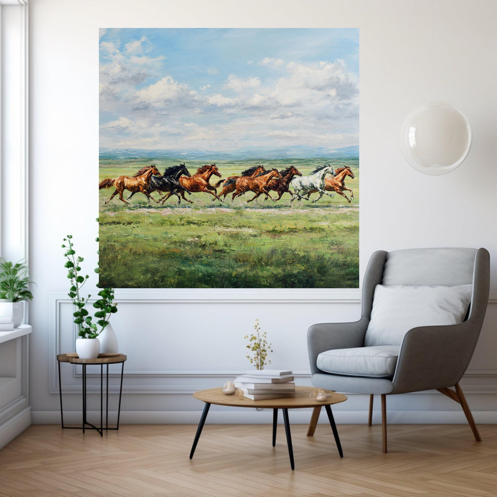 Galloping Horses Canvas, Wild Horse Print, Nature Landscape Art, Running Horse Wall Decor, Green Meadow Canvas