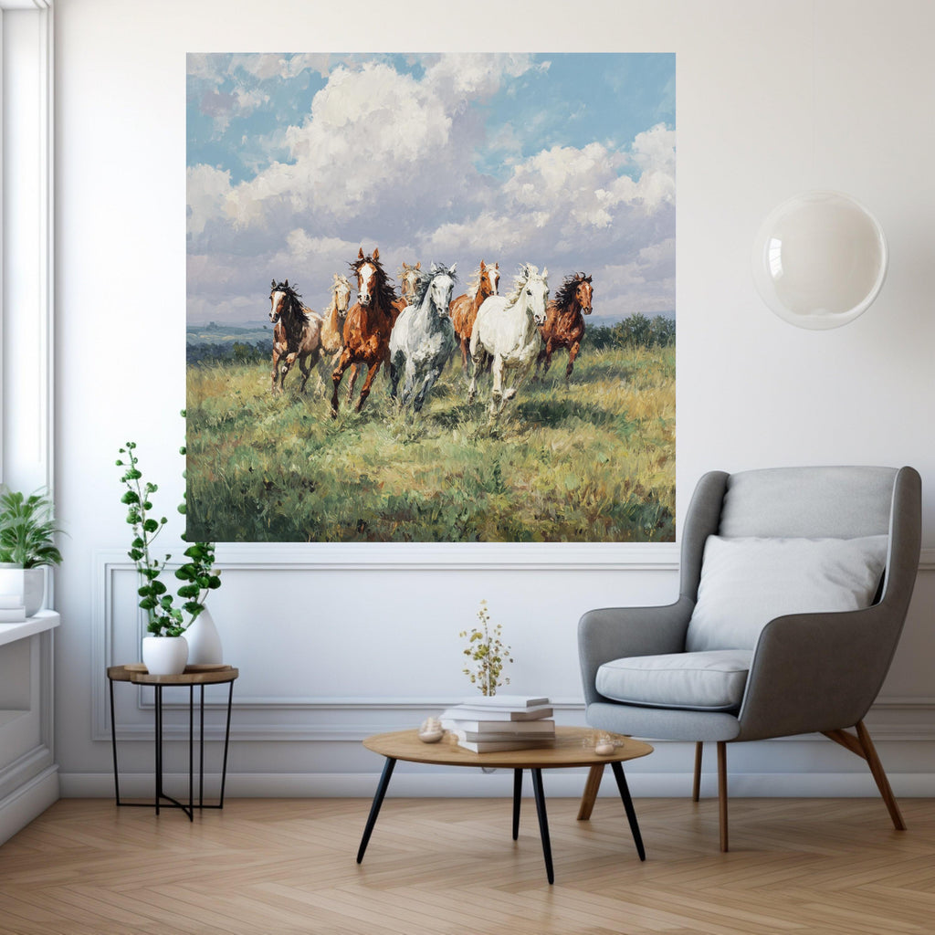 Running Horses Canvas, Nature Scene Wall Art, Framed Country Print, Pastoral Landscape Decor