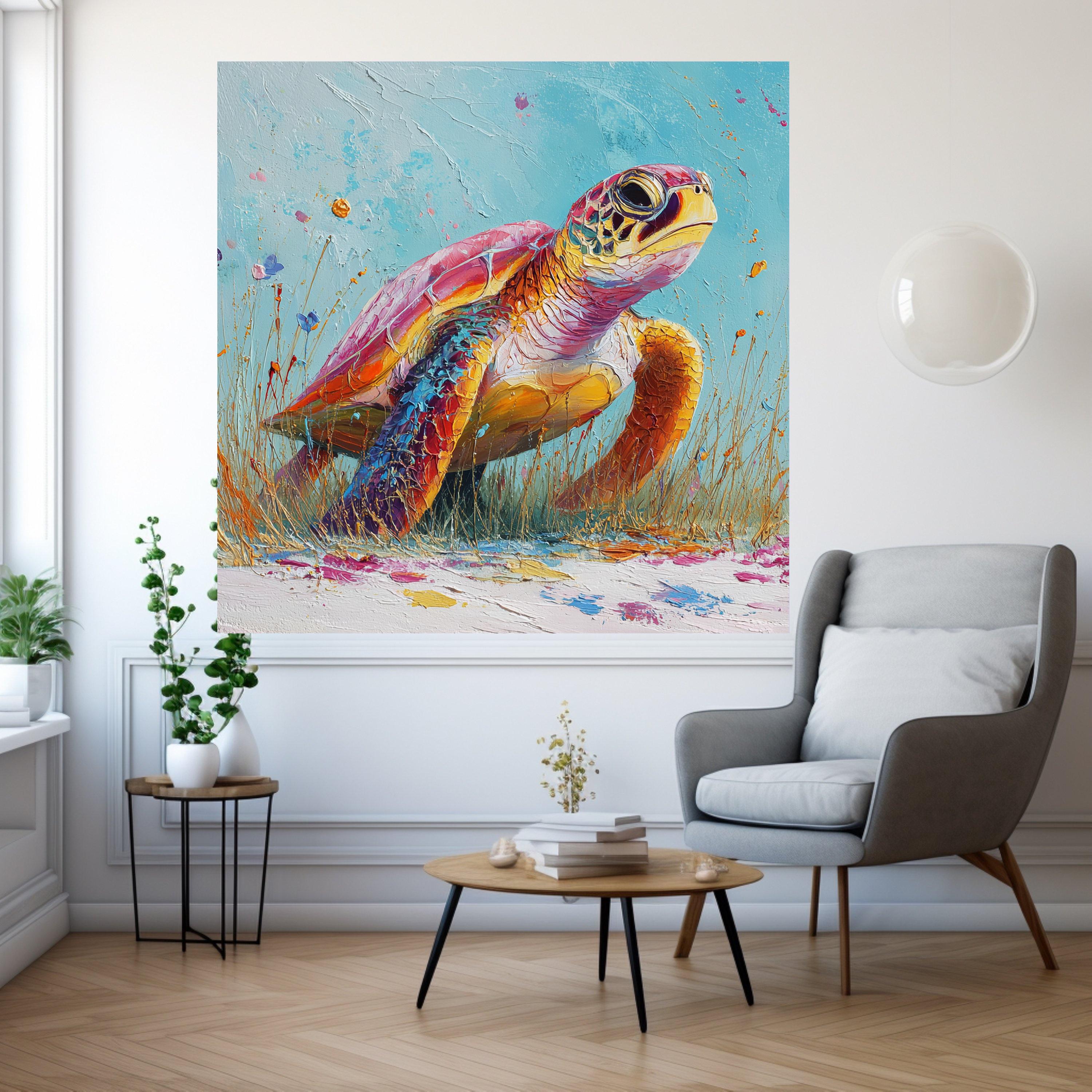 Vibrant Sea Turtle Canvas, Colorful Marine Life Art, Coastal Wall Decor, Ocean Animal Print, Framed Canvas Wall Art
