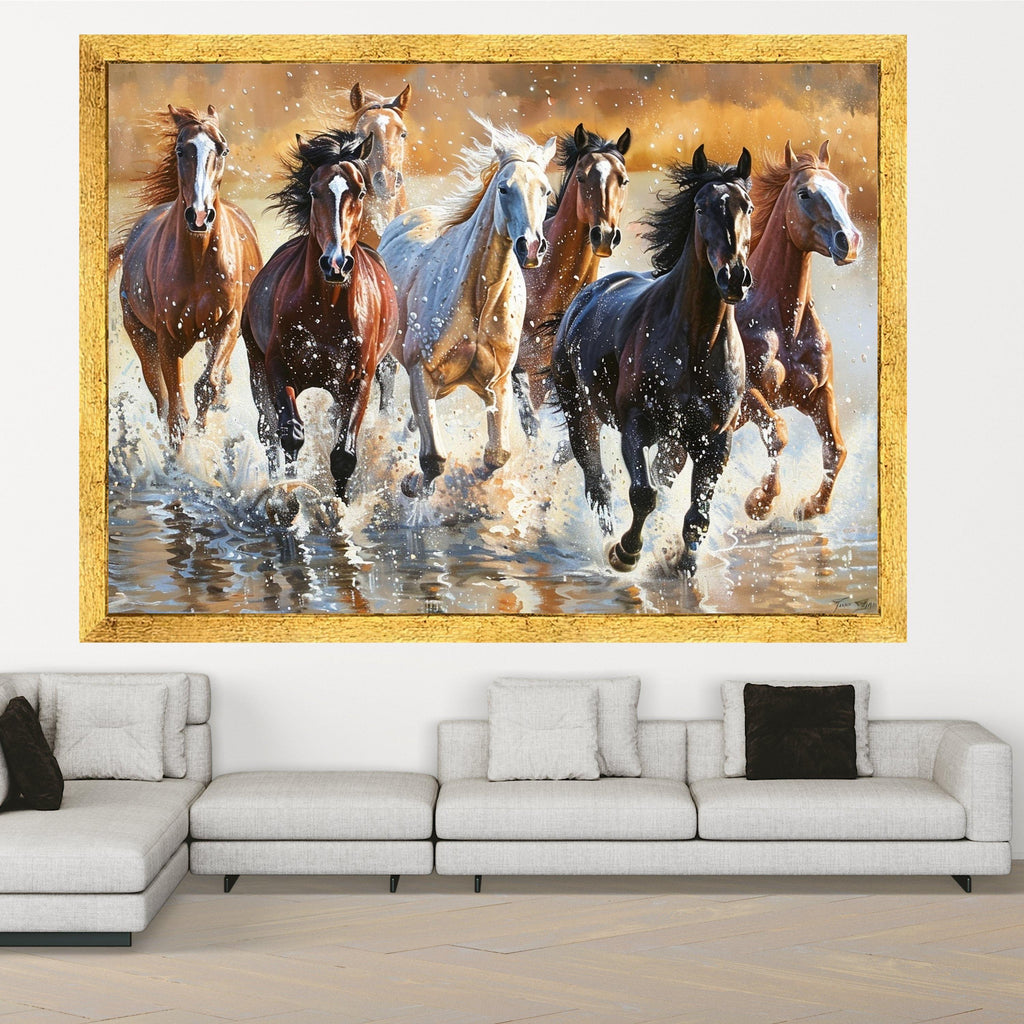 Running Horses Canvas Art, Water Splash, Wild Horse Print, Nature Wall Décor, Framed Animal Canvas