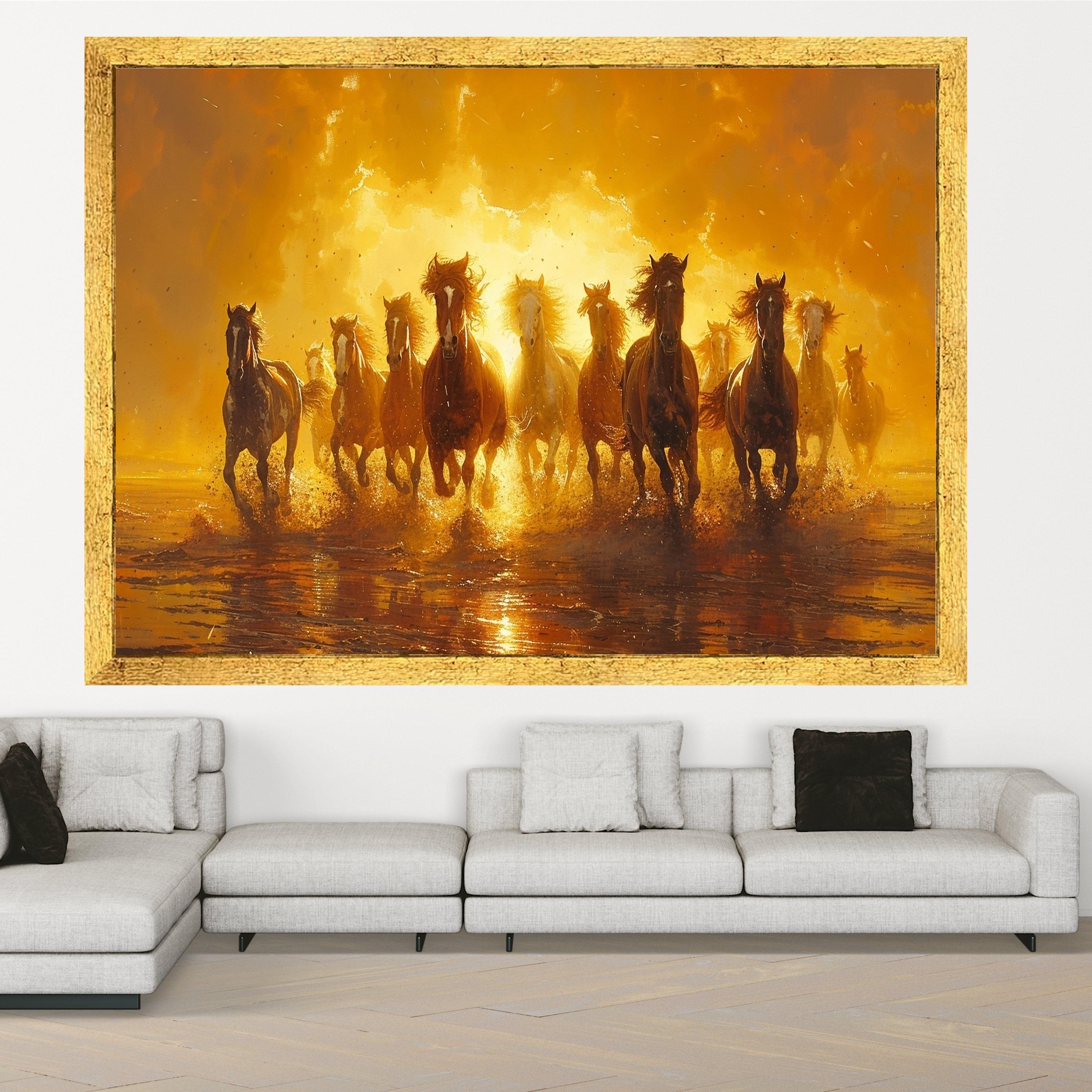 Galloping Wild Horses Canvas, Sunset Nature Print, Framed Animal Wall Art, Running Horses Scene