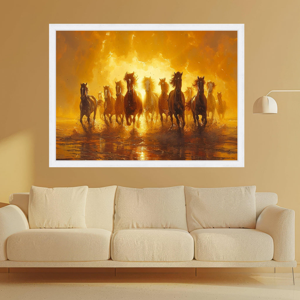 Galloping Wild Horses Canvas, Sunset Nature Print, Framed Animal Wall Art, Running Horses Scene
