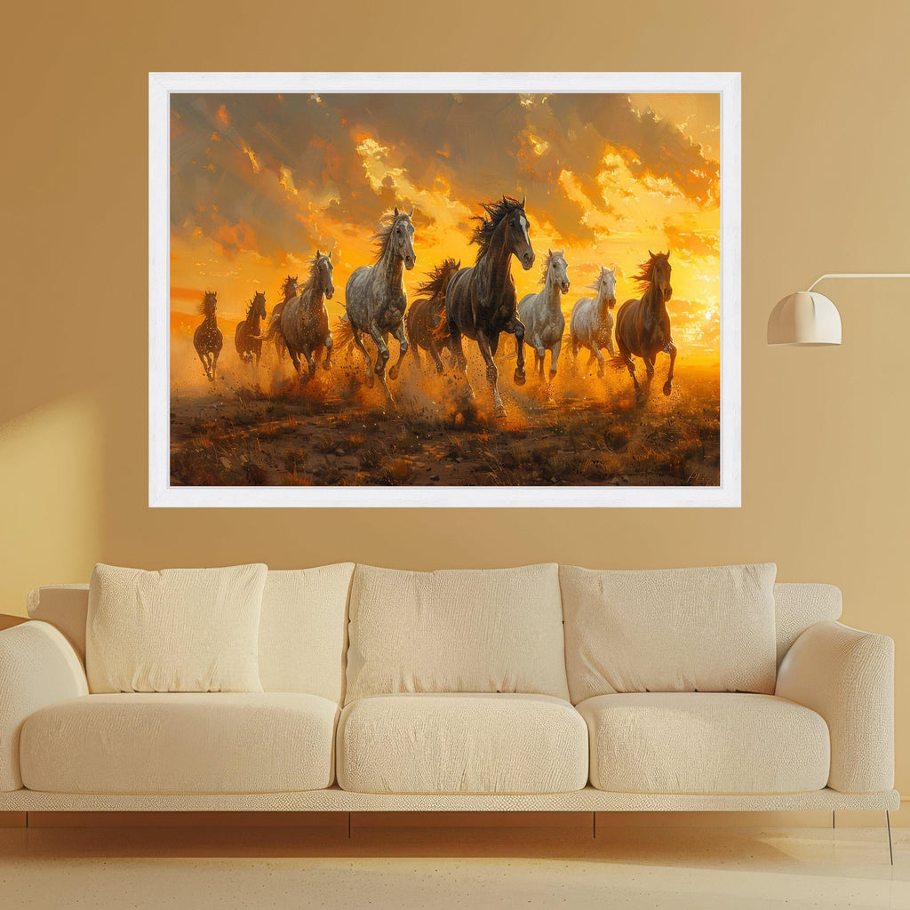 Wild Horses Running Canvas, Sunset Landscape Wall Art, Framed Animal Print, Nature Scene Decoration