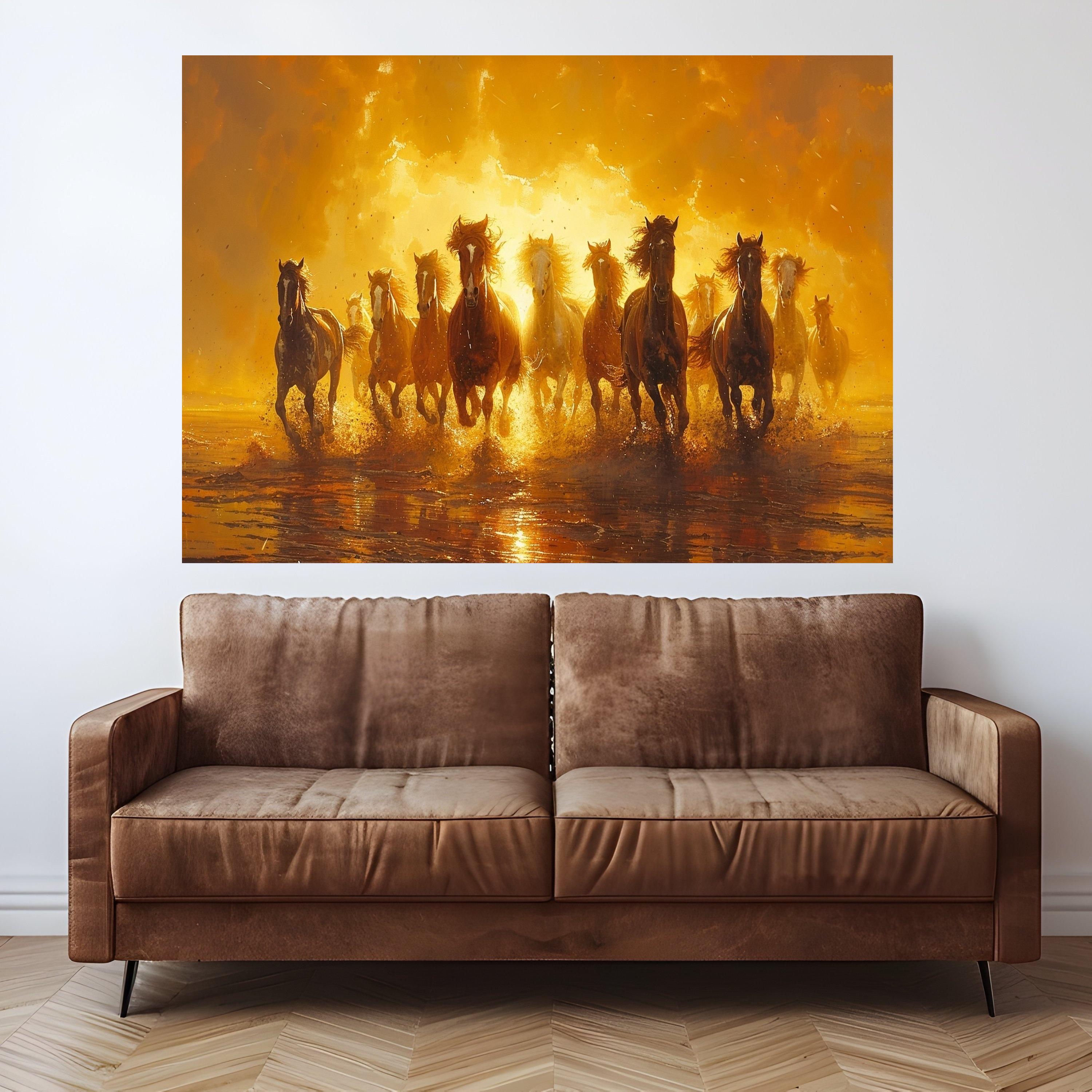 Galloping Wild Horses Canvas, Sunset Nature Print, Framed Animal Wall Art, Running Horses Scene