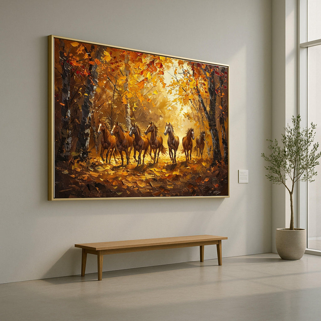 Running Horses in Autumn Forest, Nature Canvas Print, Framed Wall Art, Rustic Home Decoration