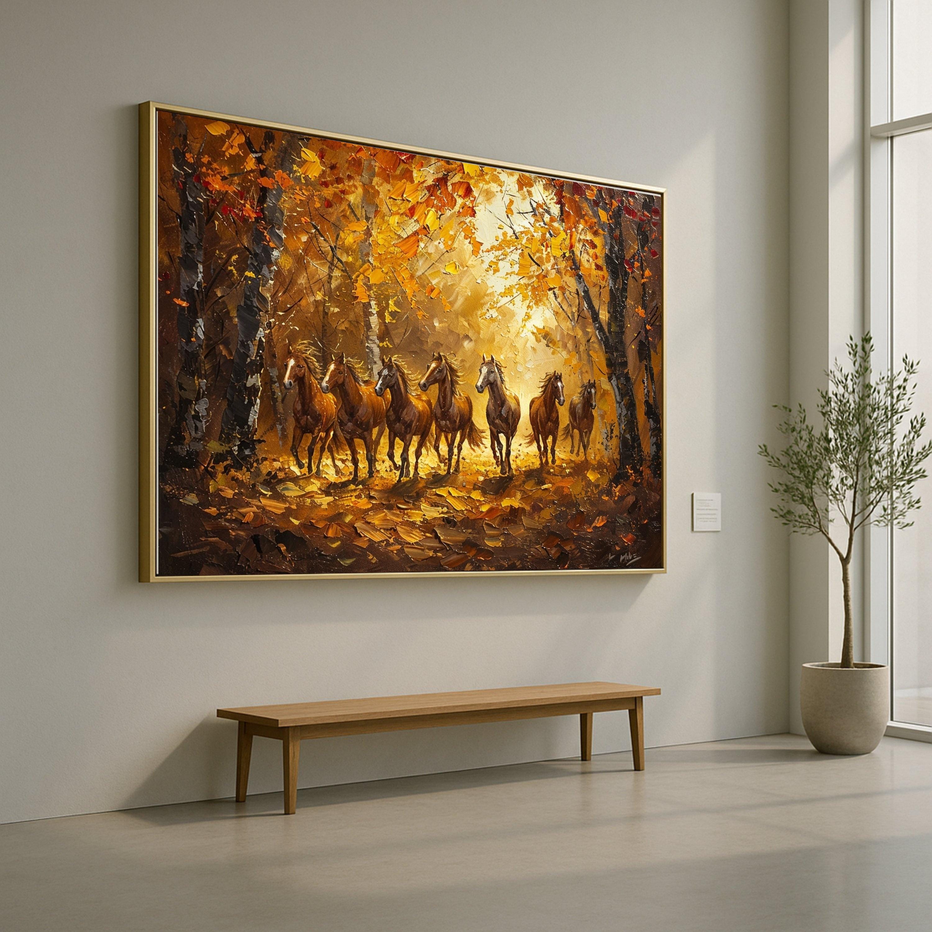 Running Horses in Autumn Forest, Nature Canvas Print, Framed Wall Art, Rustic Home Decoration