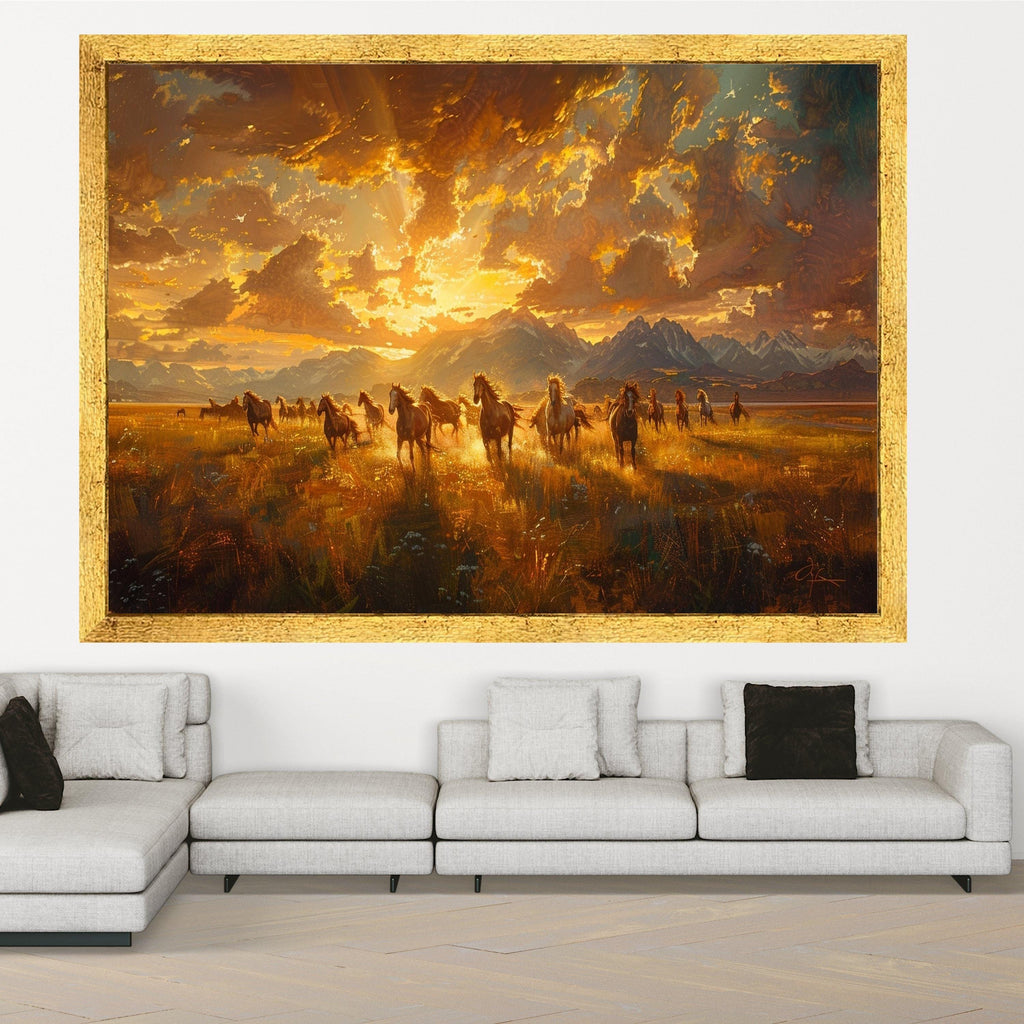 Wild Horses Running Canvas, Mountain Landscape Art, Sunset Scene Print, Nature Wall Decor, Framed Animal Canvas