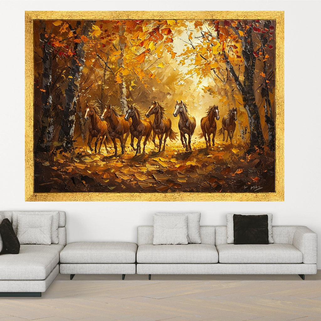 Running Horses in Autumn Forest, Nature Canvas Print, Framed Wall Art, Rustic Home Decoration