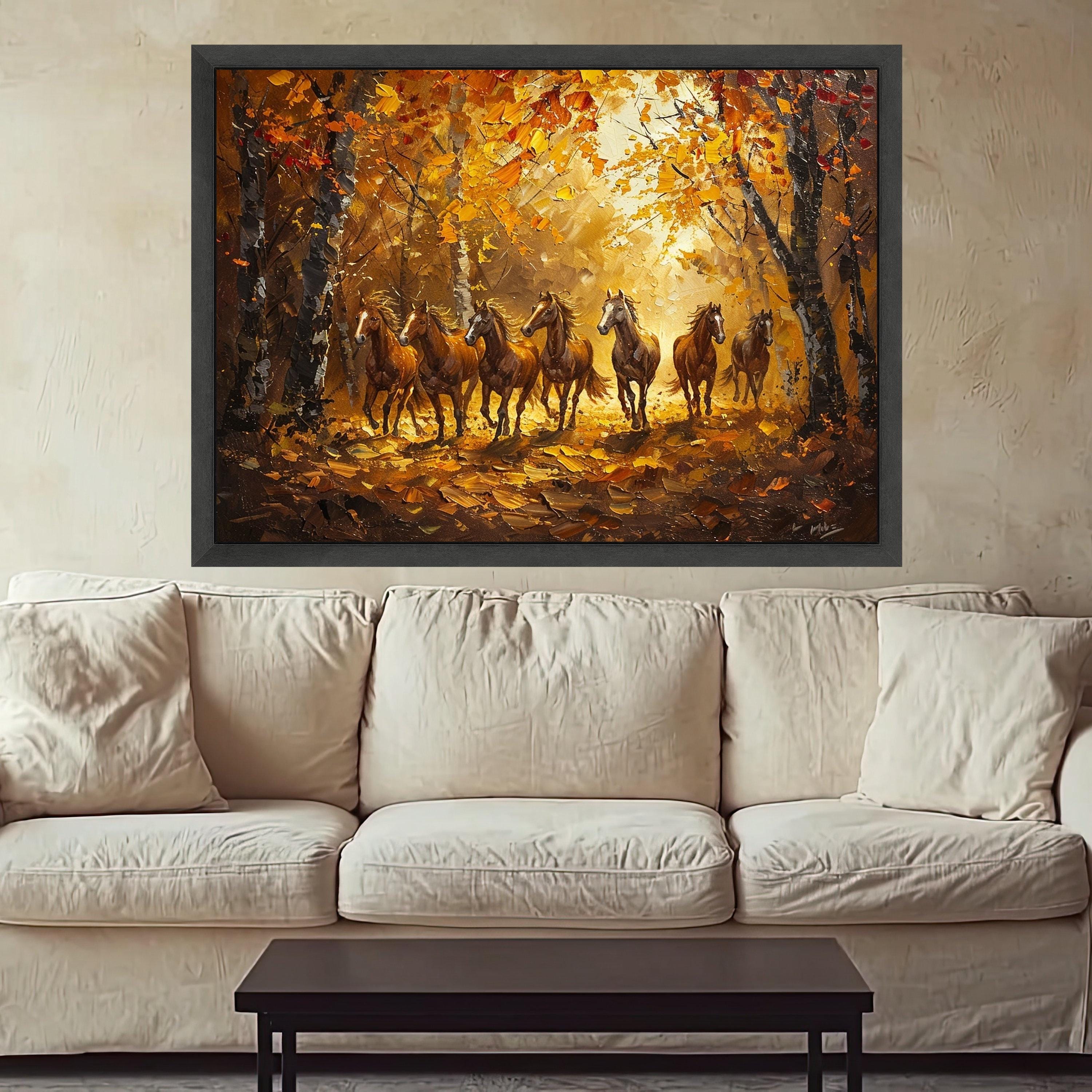 Running Horses in Autumn Forest, Nature Canvas Print, Framed Wall Art, Rustic Home Decoration