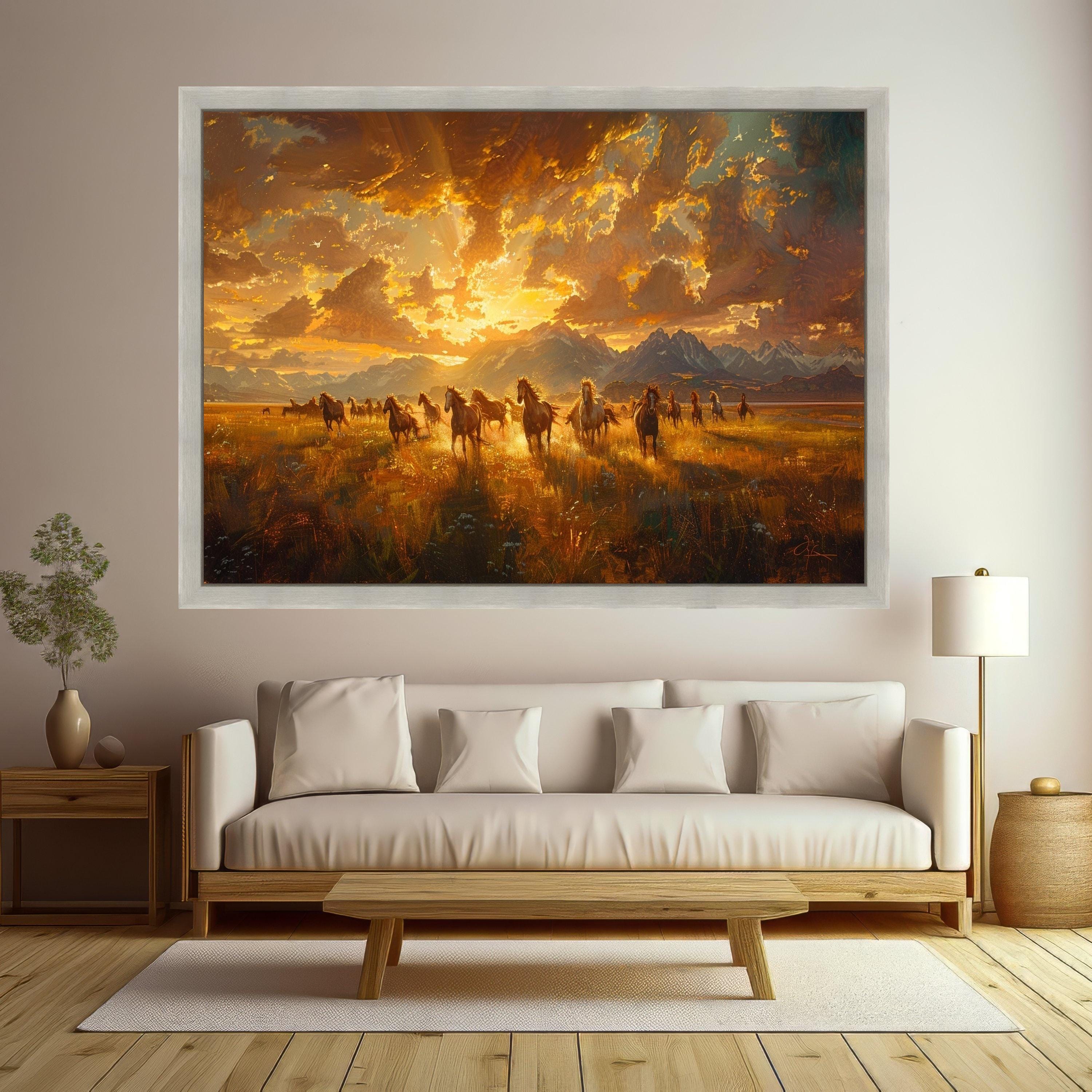 Wild Horses Running Canvas, Mountain Landscape Art, Sunset Scene Print, Nature Wall Decor, Framed Animal Canvas