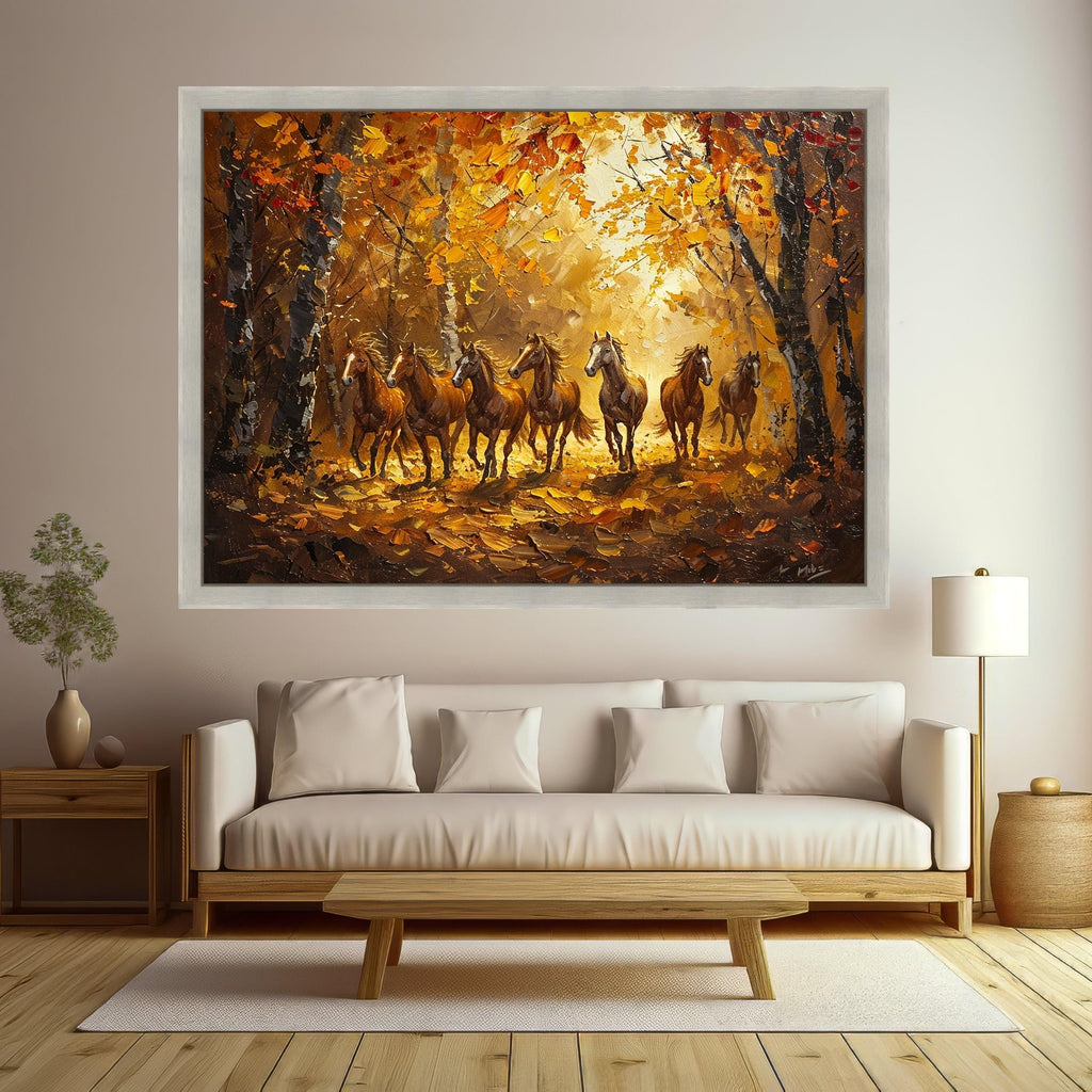 Running Horses in Autumn Forest, Nature Canvas Print, Framed Wall Art, Rustic Home Decoration