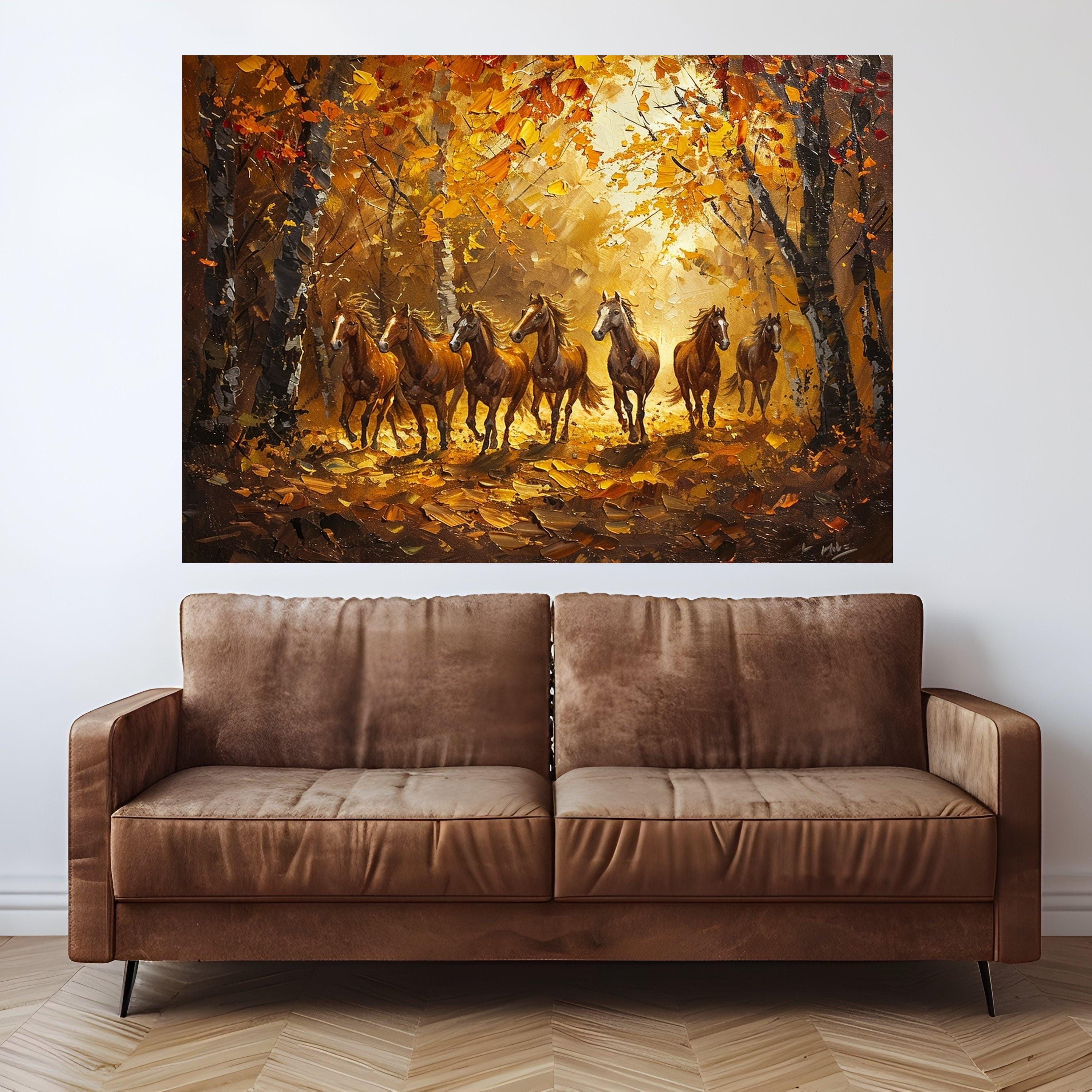 Running Horses in Autumn Forest, Nature Canvas Print, Framed Wall Art, Rustic Home Decoration