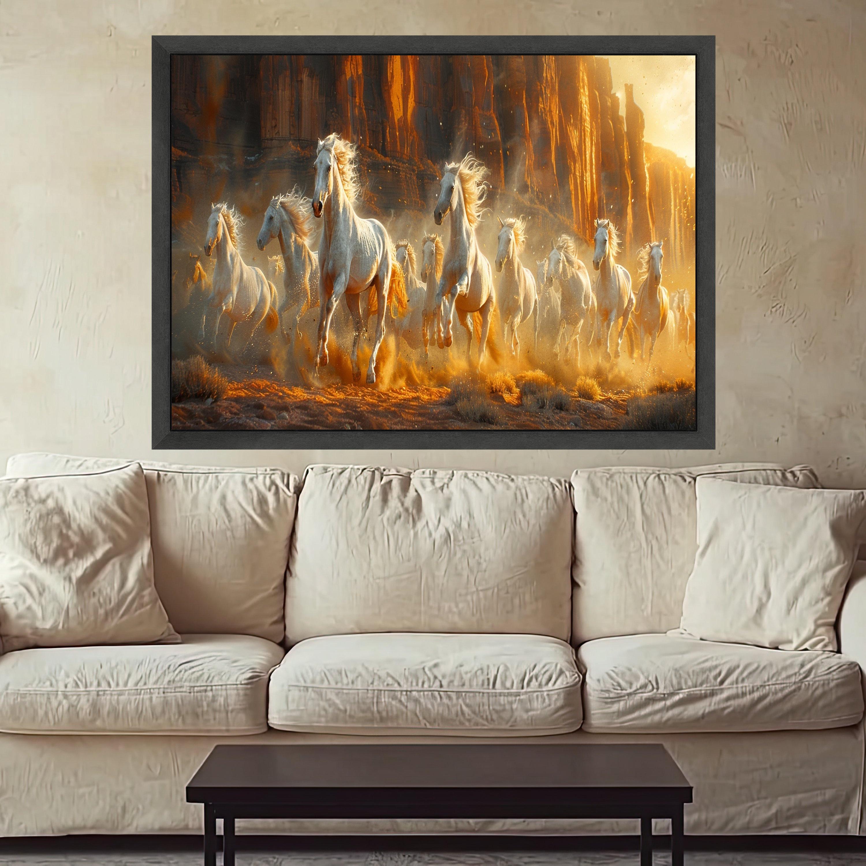 Wild White Horses Canvas, Desert Canyon Run, Nature Wall Art, Framed Animal Print, Rustic Home Decor