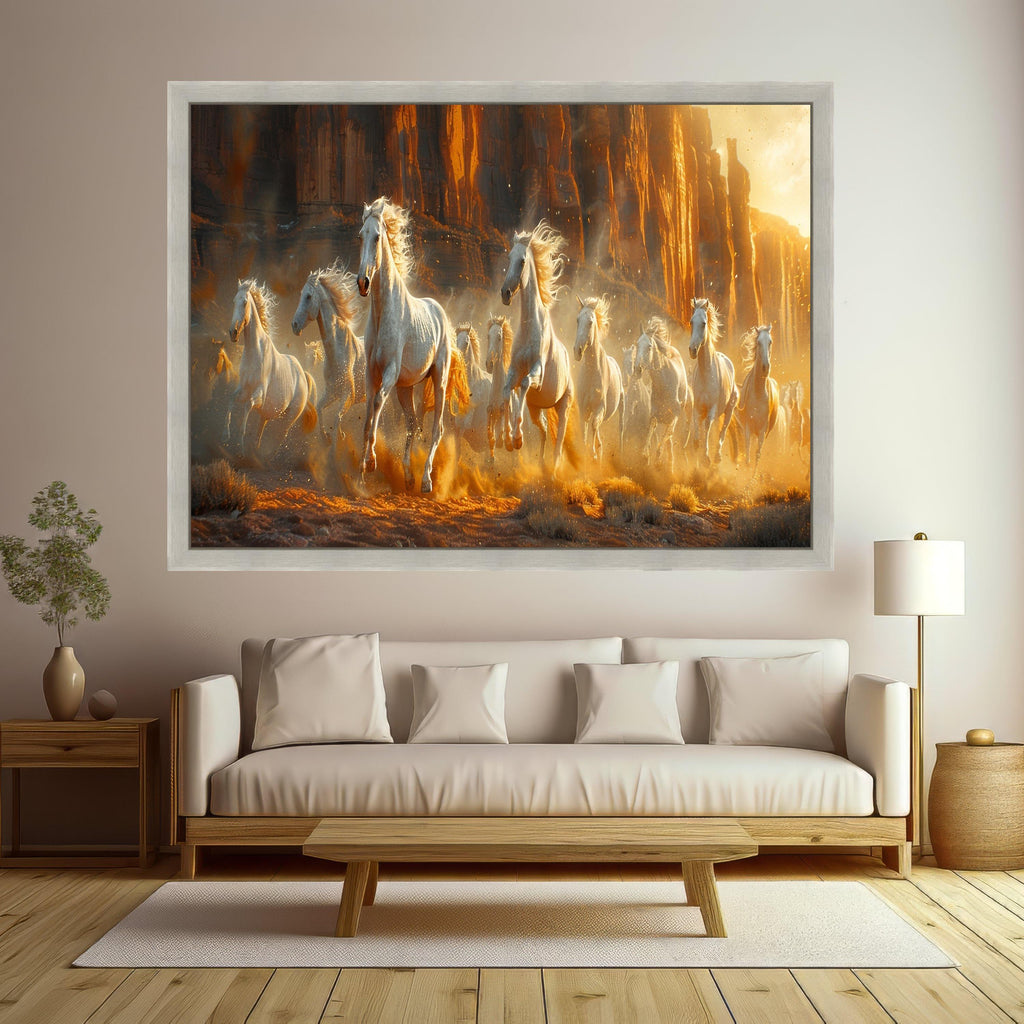 Wild White Horses Canvas, Desert Canyon Run, Nature Wall Art, Framed Animal Print, Rustic Home Decor