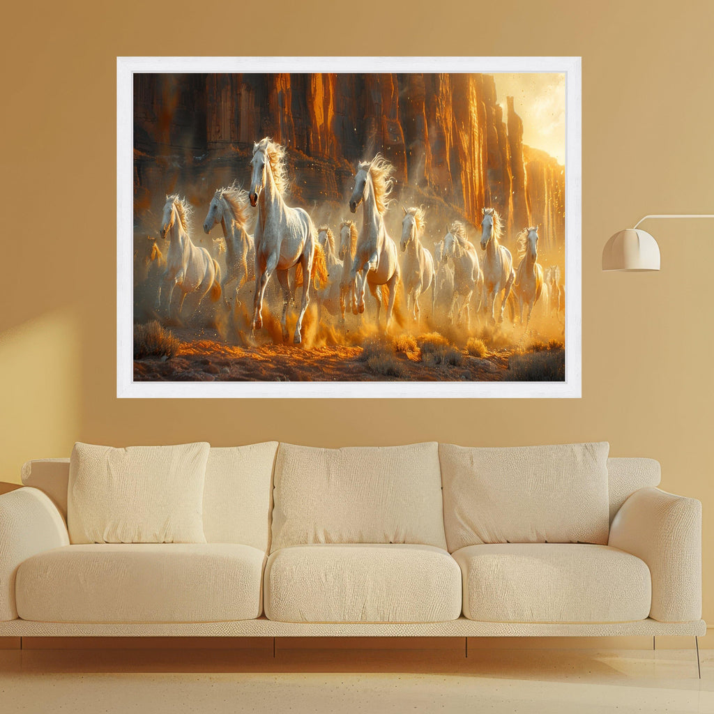 Wild White Horses Canvas, Desert Canyon Run, Nature Wall Art, Framed Animal Print, Rustic Home Decor