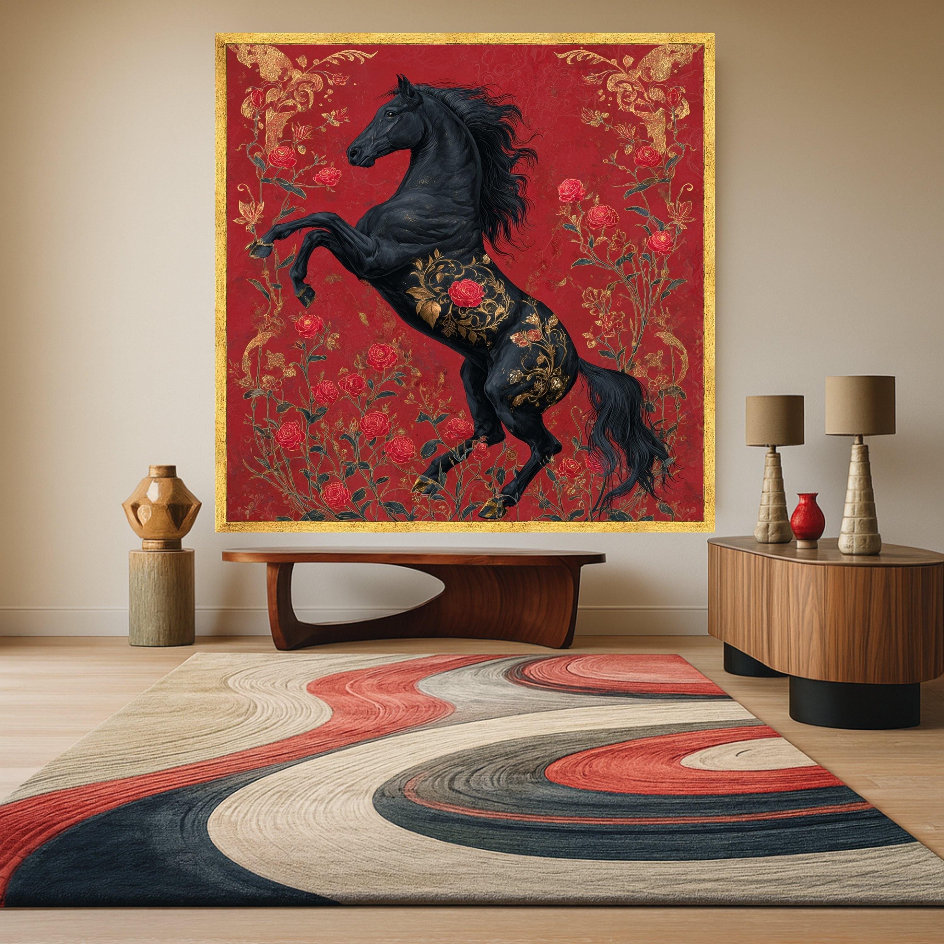 Regal Black Stallion Canvas, Red Rose Floral Horse Art, Gold Accent Wall Decor, Elegant Animal Canvas, Home Decoration Artwork