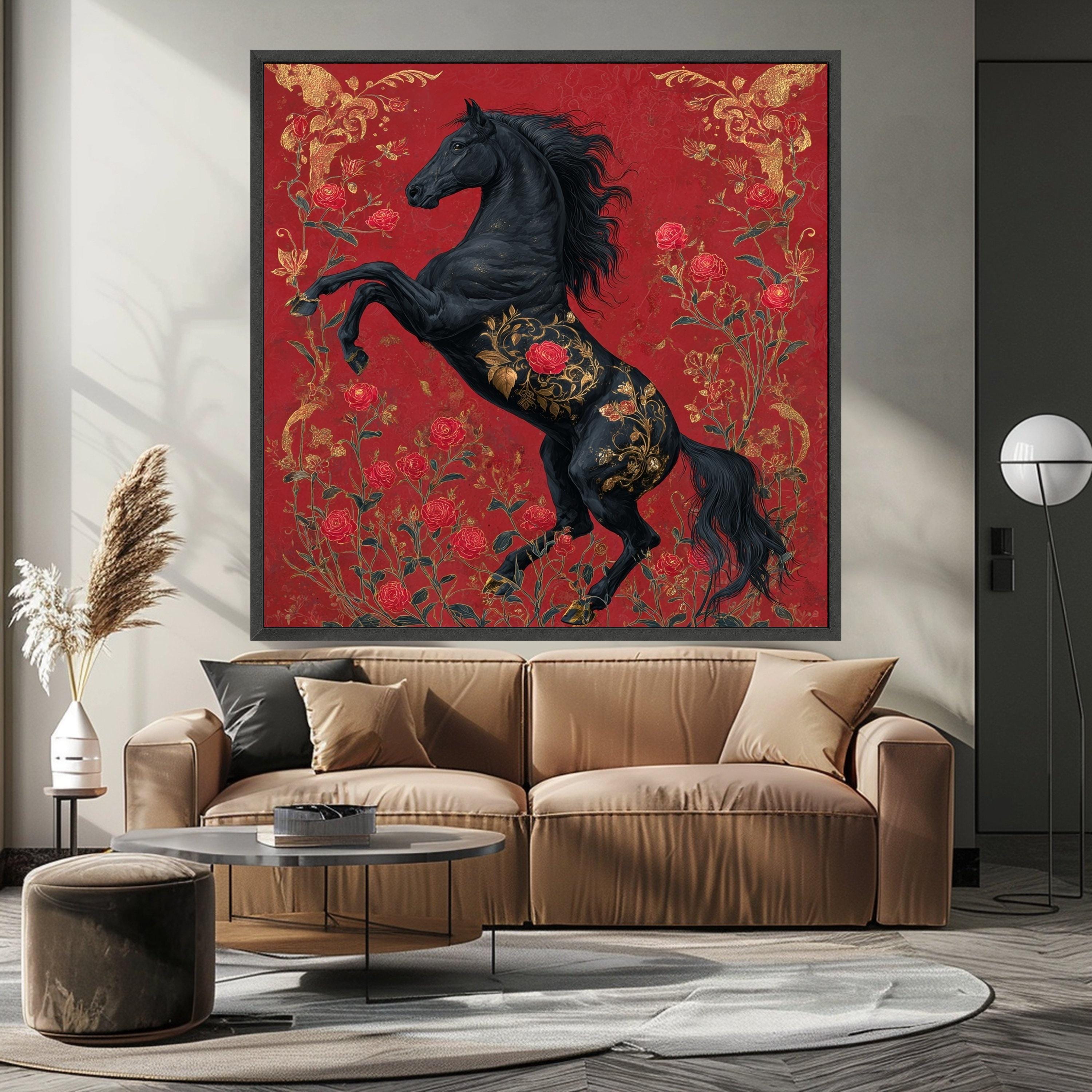 Regal Black Stallion Canvas, Red Rose Floral Horse Art, Gold Accent Wall Decor, Elegant Animal Canvas, Home Decoration Artwork