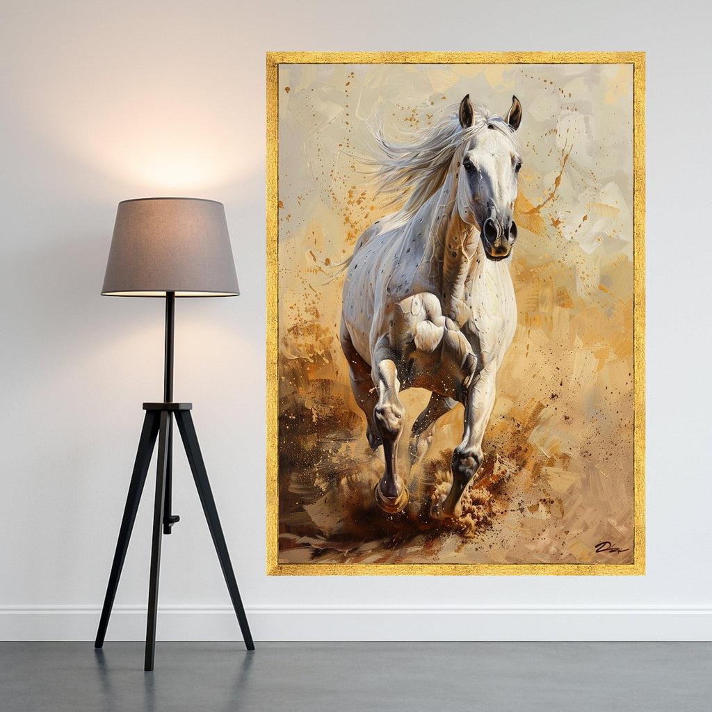 Majestic White Horse Running Canvas, Wild Horse Wall Art, Energetic Animal Canvas, Nature Inspired Decoration, Rustic Home Canvas Art