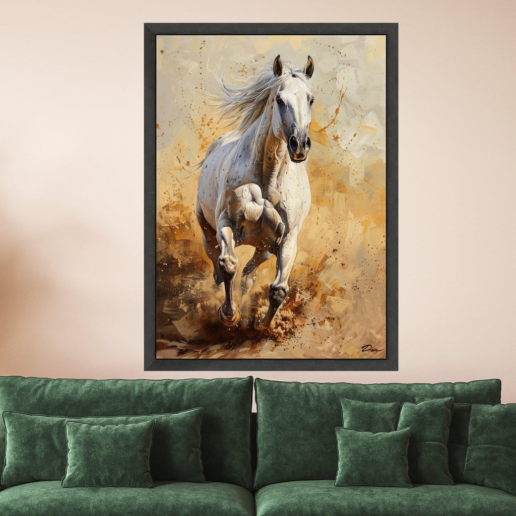 Majestic White Horse Running Canvas, Wild Horse Wall Art, Energetic Animal Canvas, Nature Inspired Decoration, Rustic Home Canvas Art