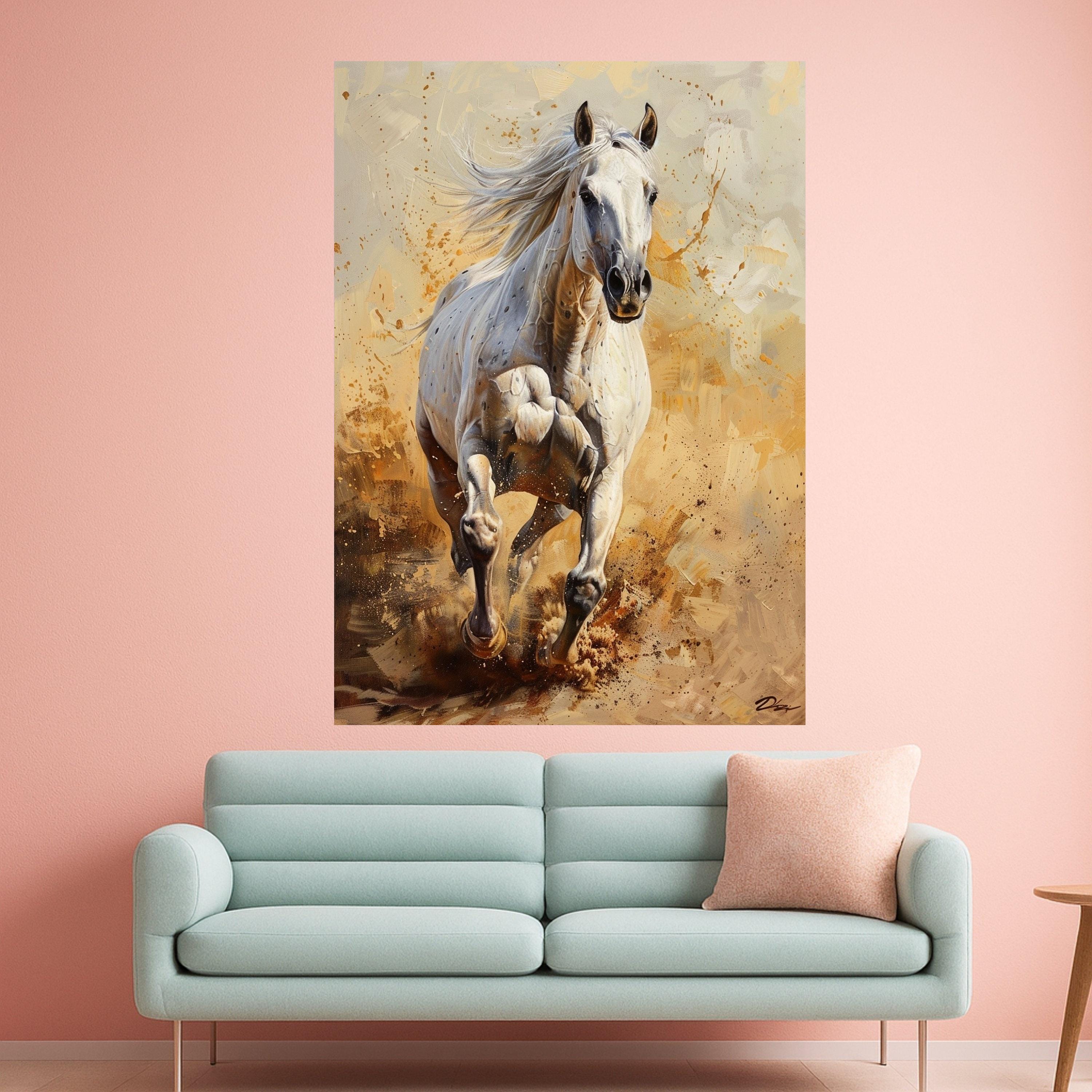 Majestic White Horse Running Canvas, Wild Horse Wall Art, Energetic Animal Canvas, Nature Inspired Decoration, Rustic Home Canvas Art