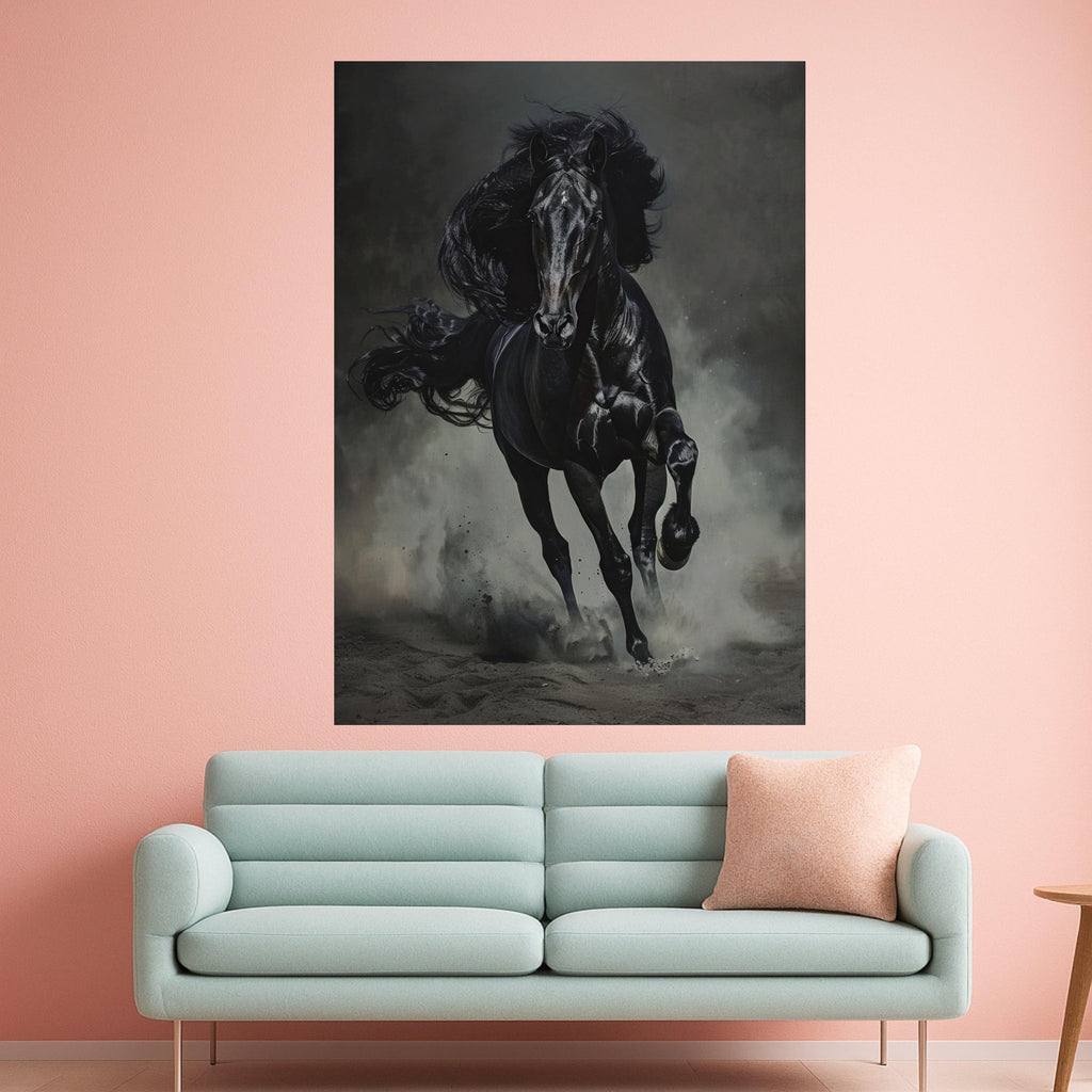Majestic Black Stallion Running Canvas, Dark Horse Wall Art, Equestrian Home Decor, Powerful Animal Canvas, Motion Wall Art Design
