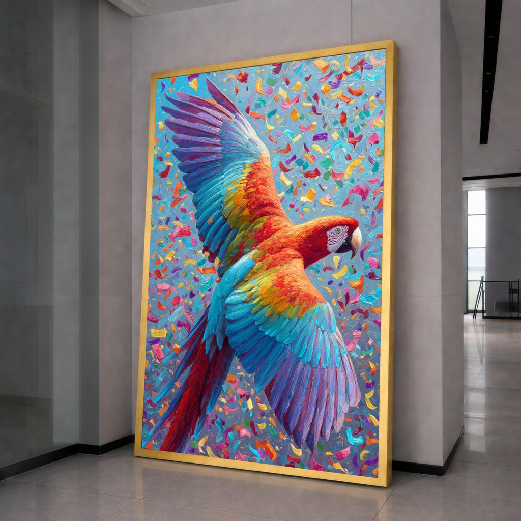 Vibrant Macaw in Flight Canvas, Colorful Tropical Bird Wall Art, Exotic Wildlife Decoration, Bright Nature Scene Canvas