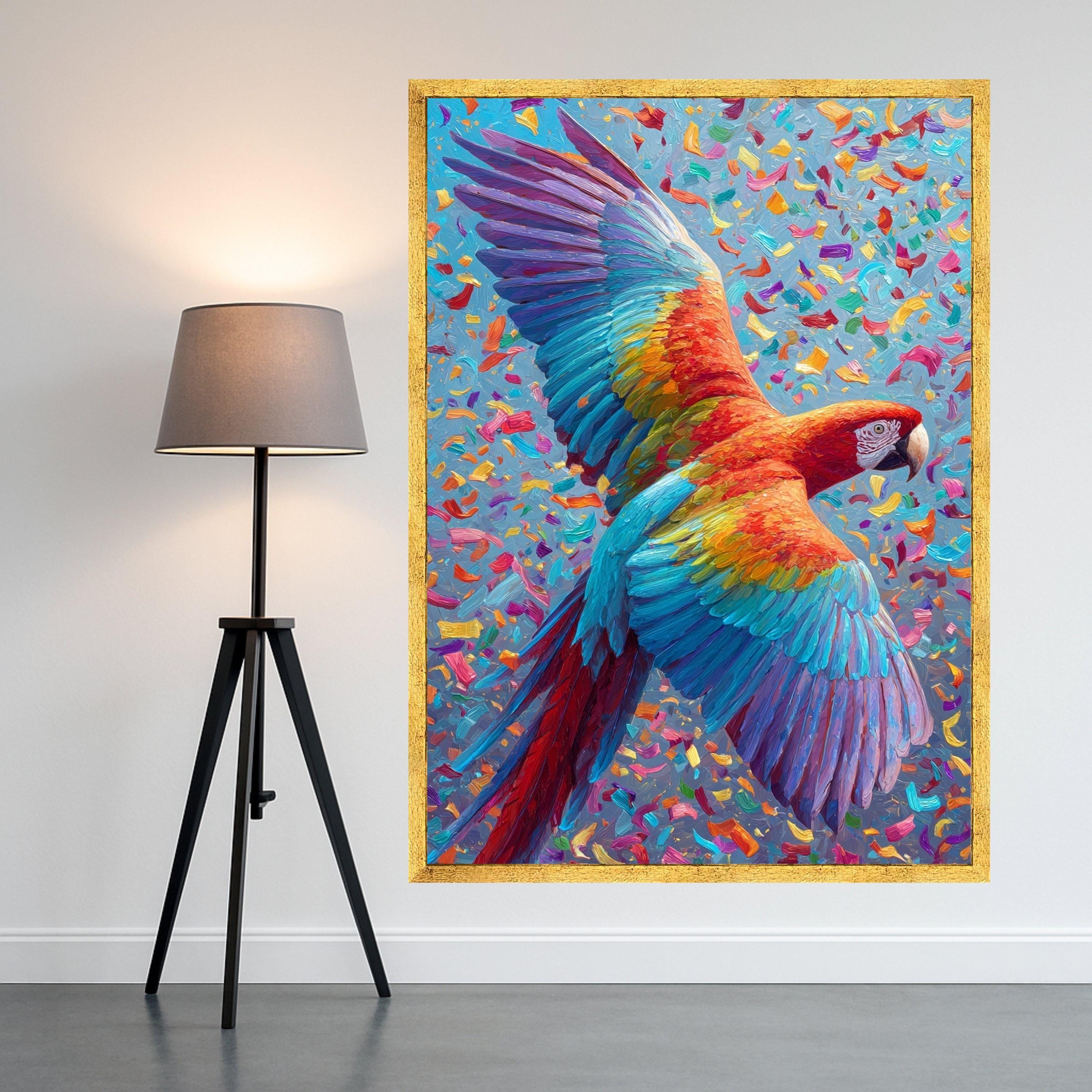 Vibrant Macaw in Flight Canvas, Colorful Tropical Bird Wall Art, Exotic Wildlife Decoration, Bright Nature Scene Canvas