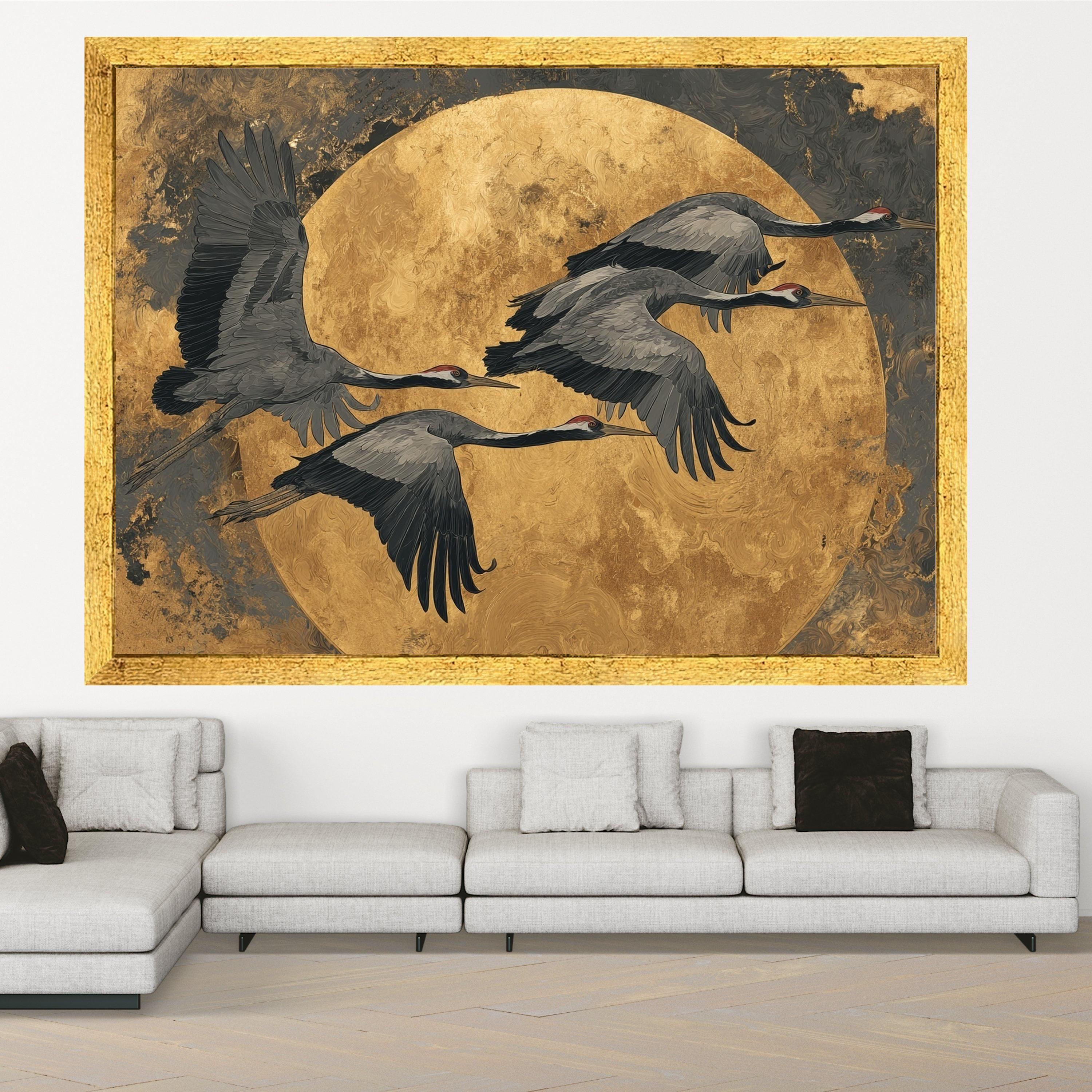 Flying Cranes Canvas Wall Art, Golden Moon Background, Elegant Bird Illustration, Contemporary Nature Canvas, Home Decor Wall Design