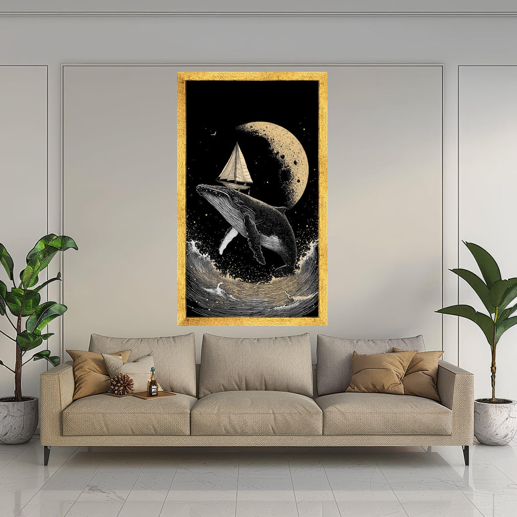 Surreal Whale with Sailboat Canvas, Moonlit Ocean Scene, Nautical Wall Art, Night Sea Adventure Canvas, Fantasy Marine Decor