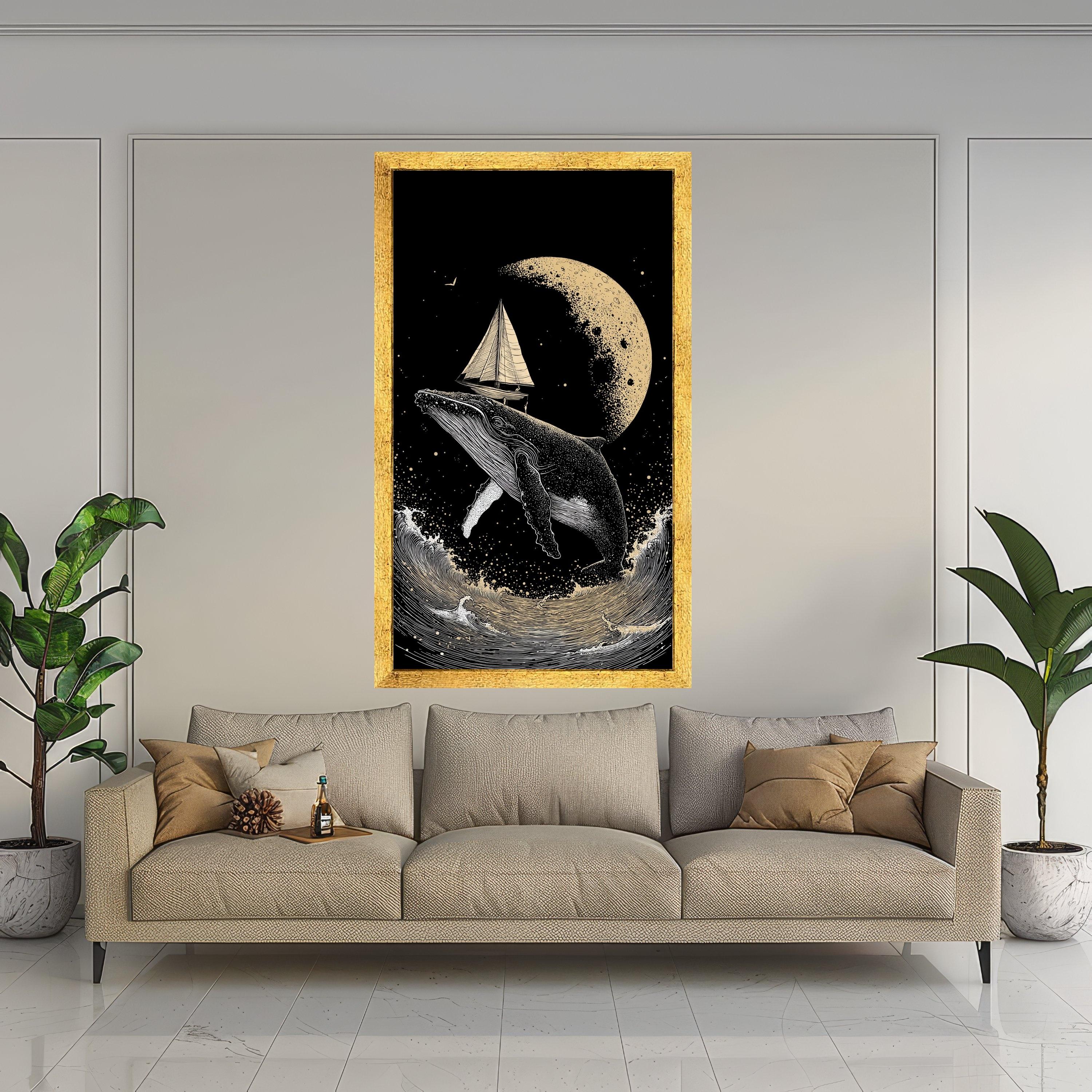 Surreal Whale with Sailboat Canvas, Moonlit Ocean Scene, Nautical Wall Art, Night Sea Adventure Canvas, Fantasy Marine Decor