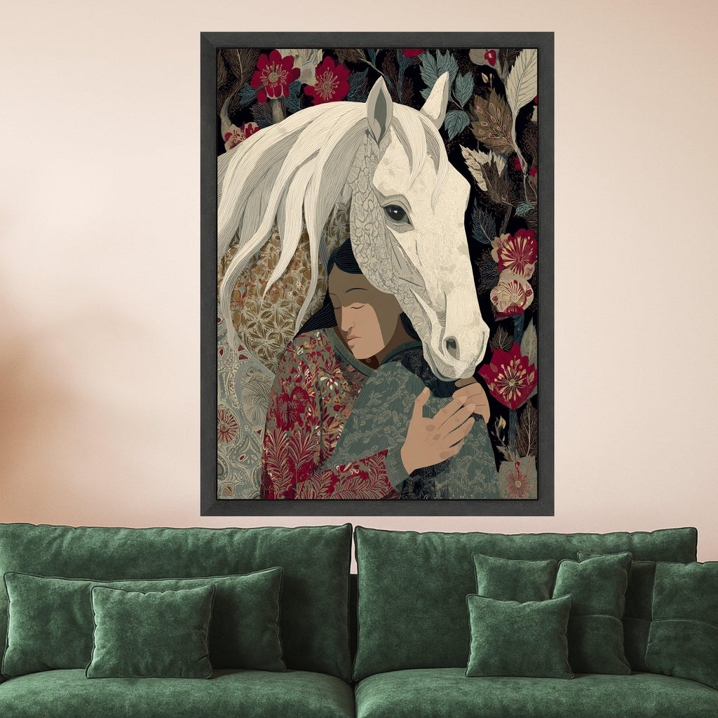 Embrace of Serenity Canvas, Woman with White Horse Wall Art, Floral Patterned Home Decoration, Boho Style Canvas, Calm Nature Scene