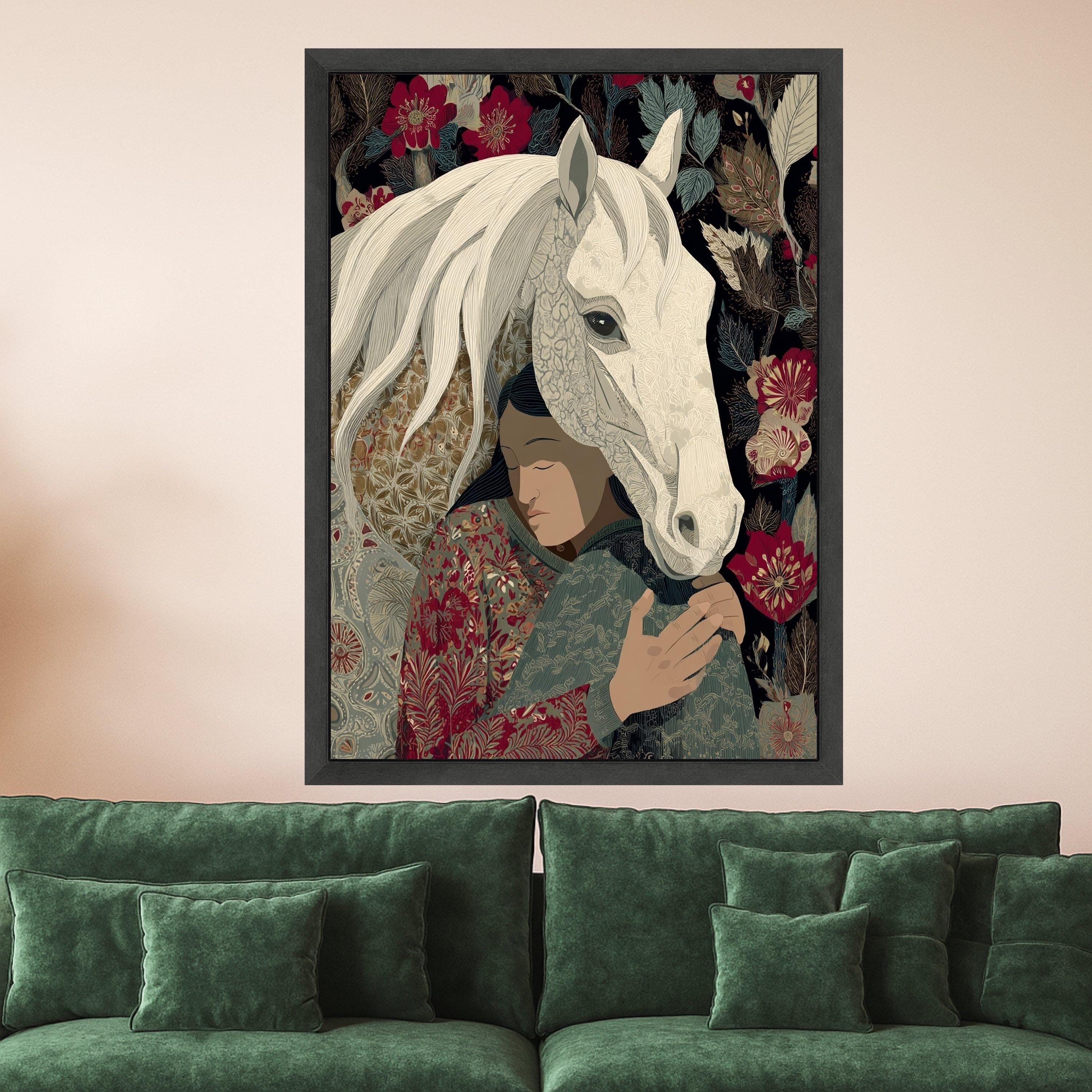 Embrace of Serenity Canvas, Woman with White Horse Wall Art, Floral Patterned Home Decoration, Boho Style Canvas, Calm Nature Scene